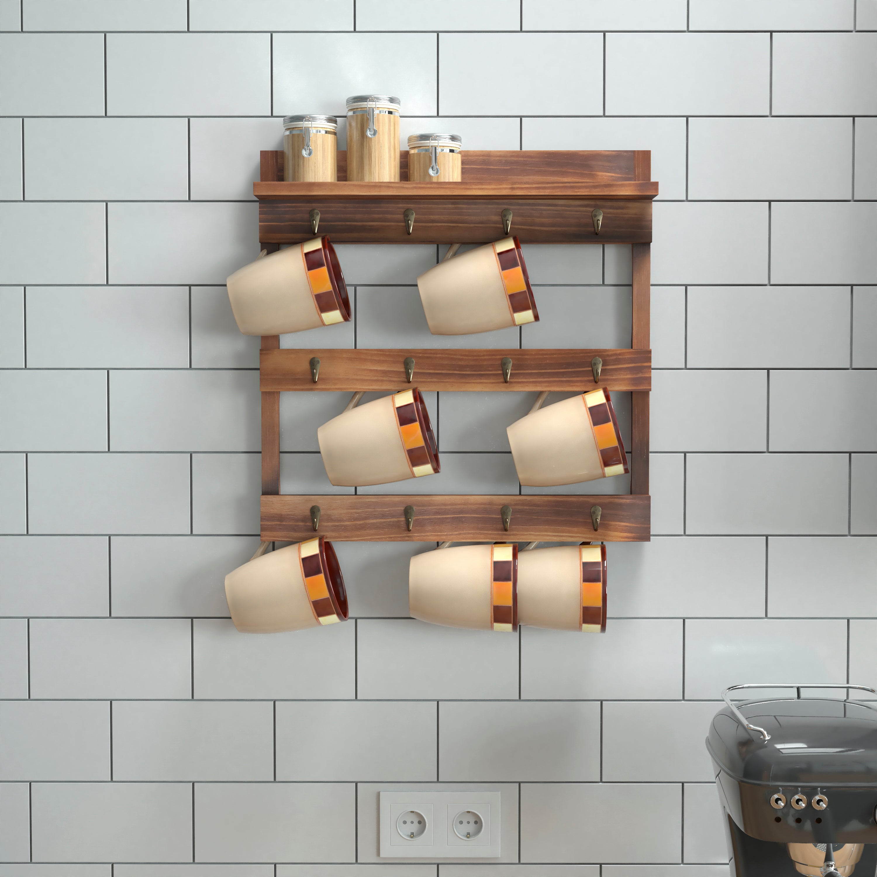 Campbell Wooden Wall Mount 12 Cup Mug Rack Organizer with Upper Storage Shelf and Metal Hanging Hooks with No Assembly Required,  Rustic Brown