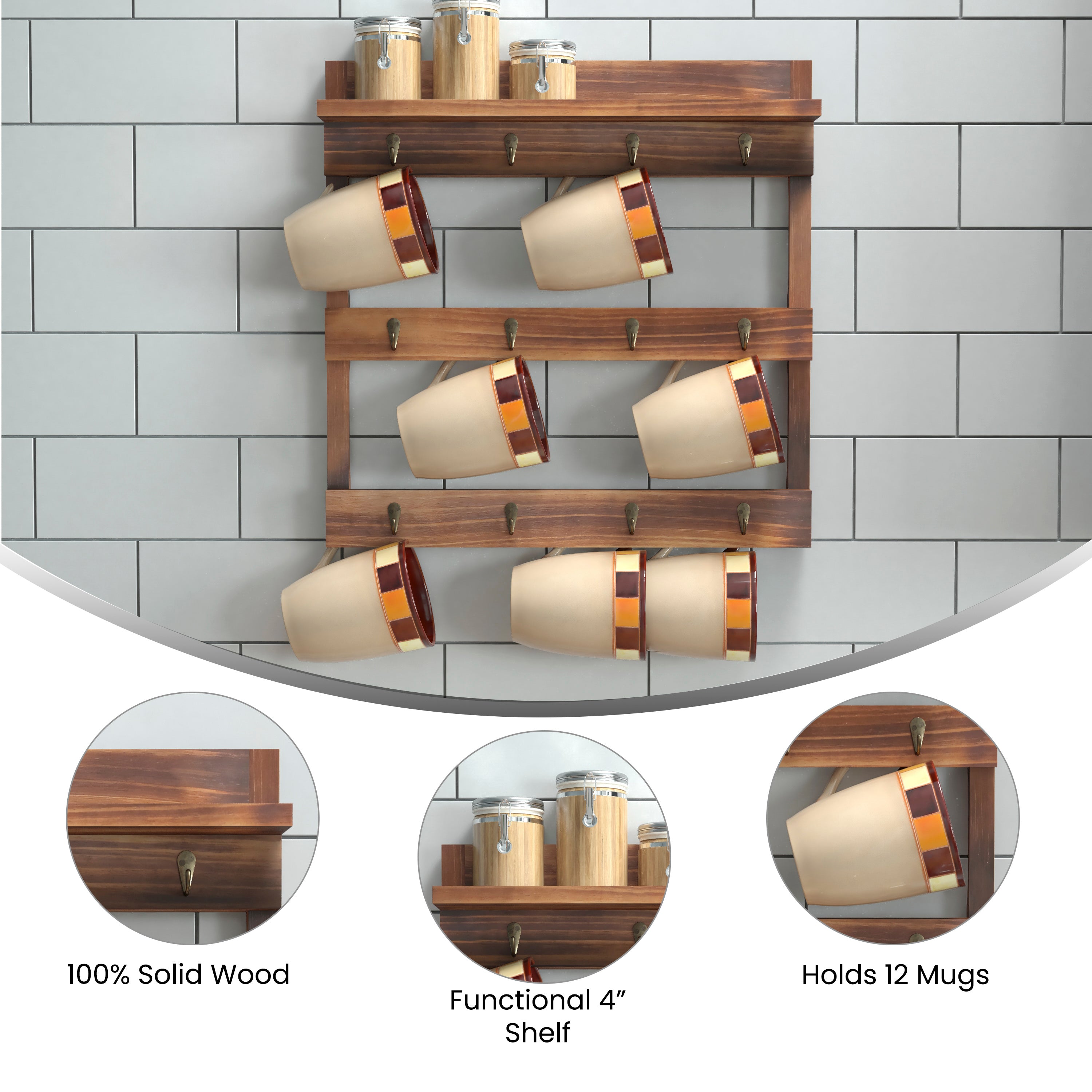 Campbell Wooden Wall Mount 12 Cup Mug Rack Organizer with Upper Storage Shelf and Metal Hanging Hooks with No Assembly Required,  Rustic Brown