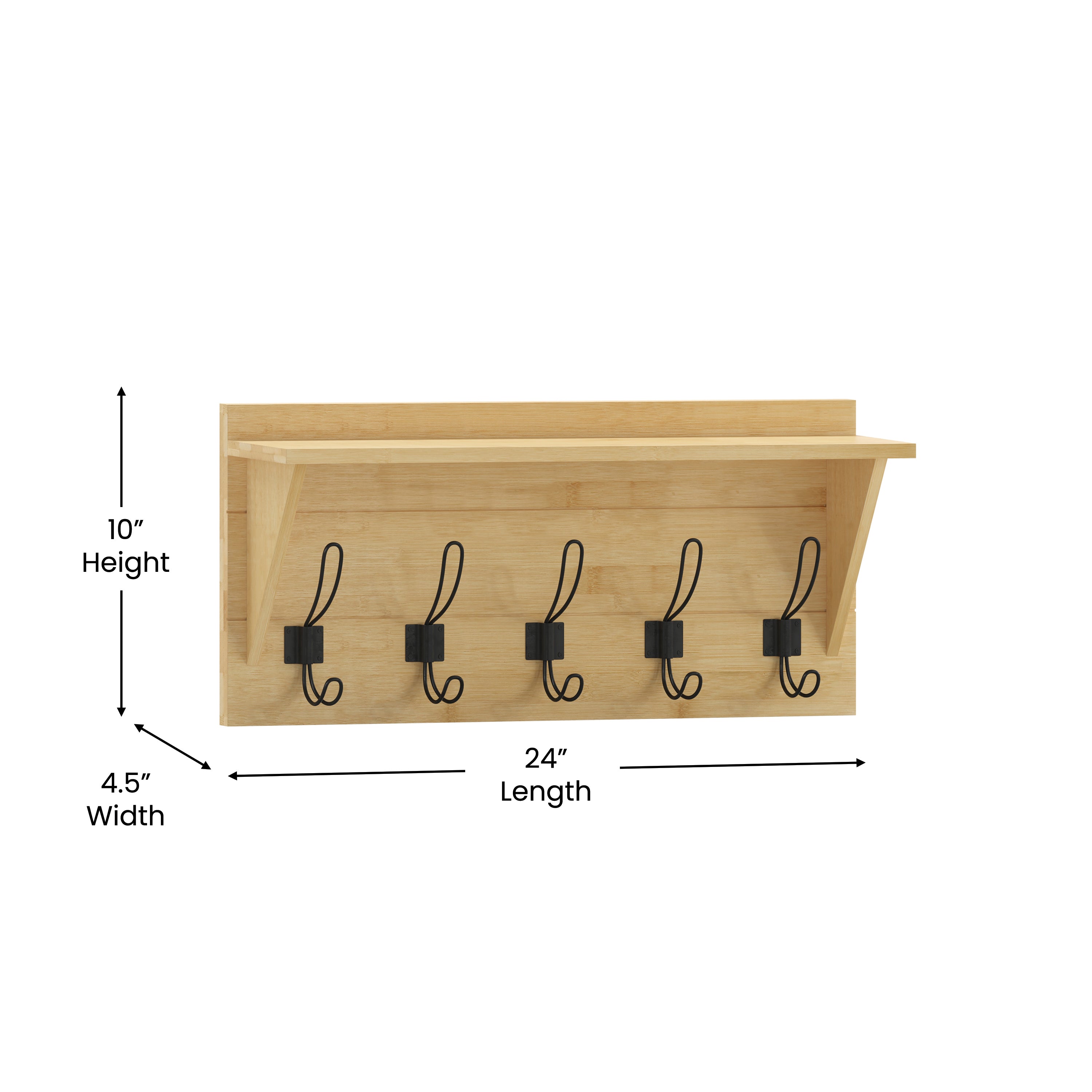 Daly Wall Mounted 24 Inch Solid Pine Wood Storage Rack with Upper Shelf and 5 Hooks For Entryway, Kitchen, Bathroom, Bamboo