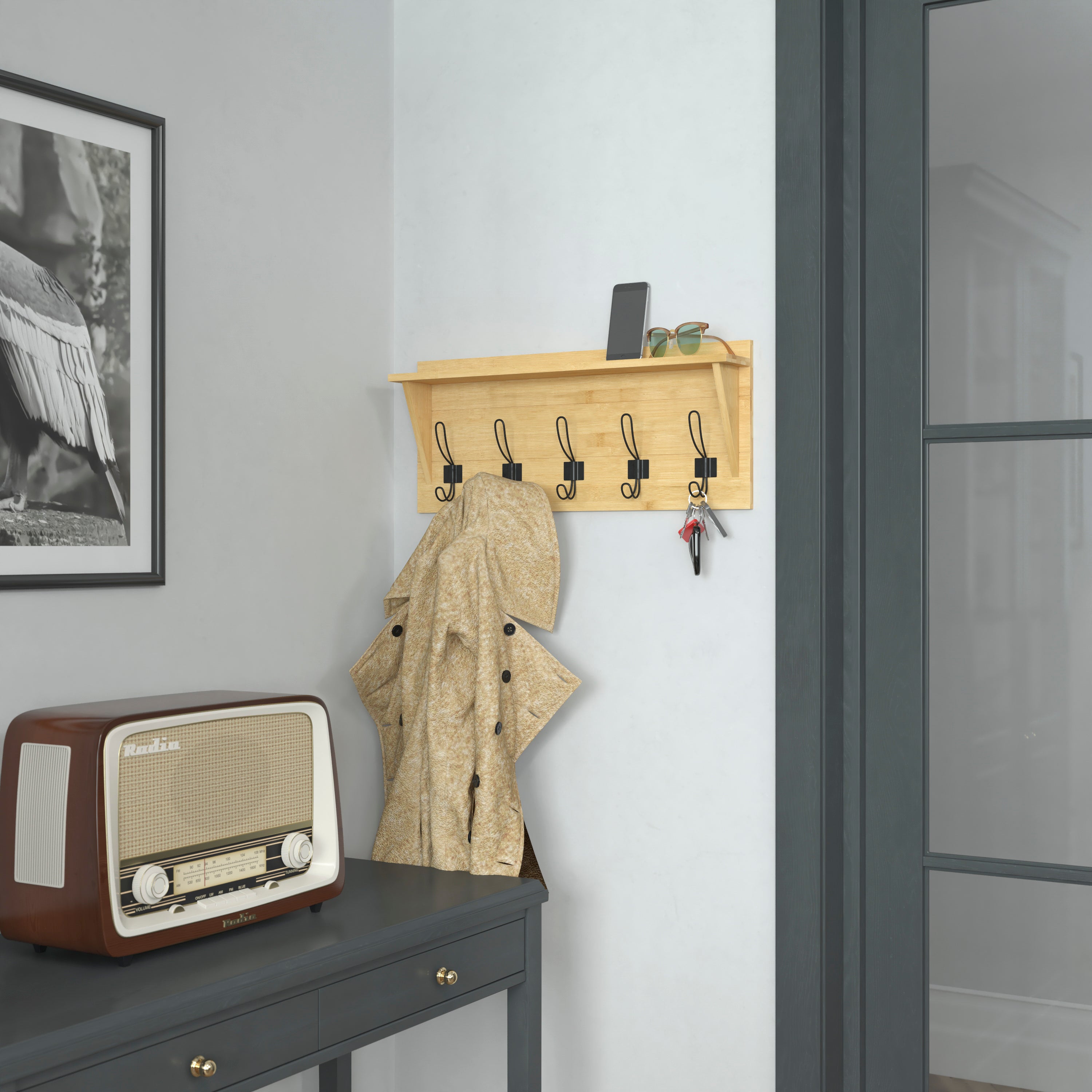 Daly Wall Mounted 24 Inch Solid Pine Wood Storage Rack with Upper Shelf and 5 Hooks For Entryway, Kitchen, Bathroom, Bamboo