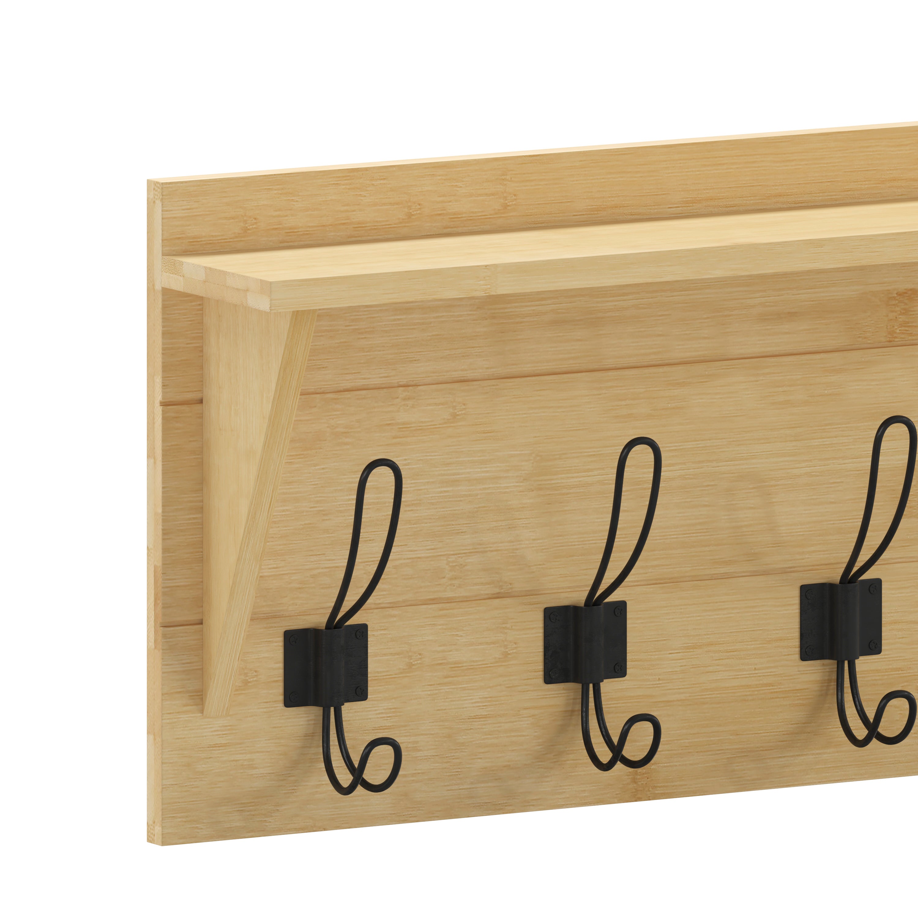 Daly Wall Mounted 24 Inch Solid Pine Wood Storage Rack with Upper Shelf and 5 Hooks For Entryway, Kitchen, Bathroom, Bamboo