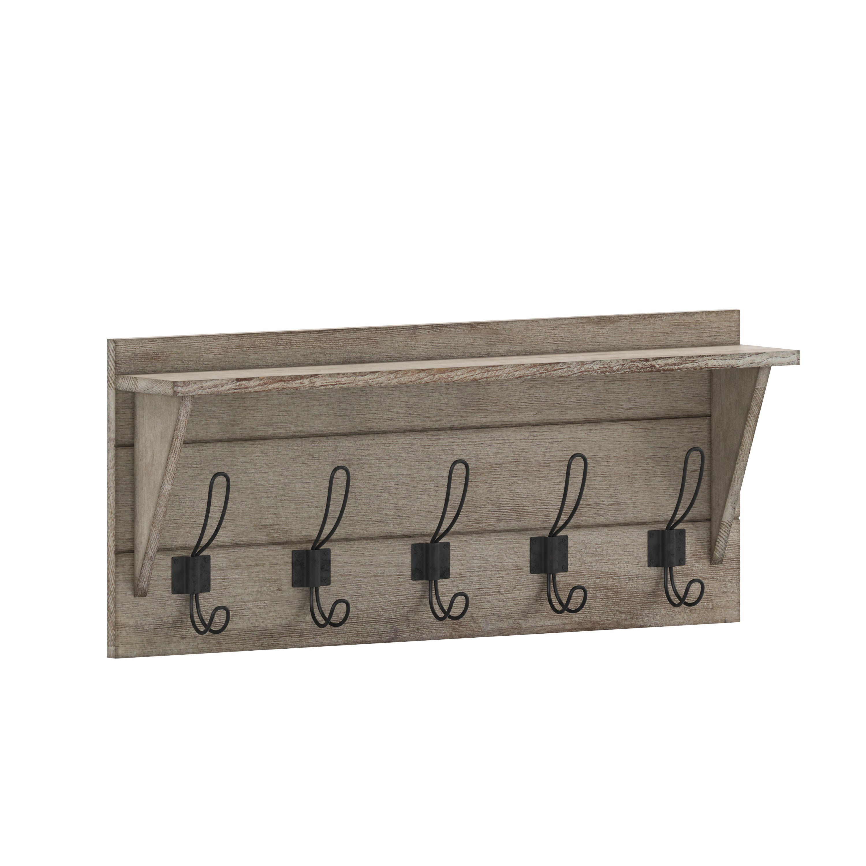 Daly Wall Mounted 24 Inch Solid Pine Wood Storage Rack with Upper Shelf and 5 Hooks For Entryway, Kitchen, Bathroom, Weathered