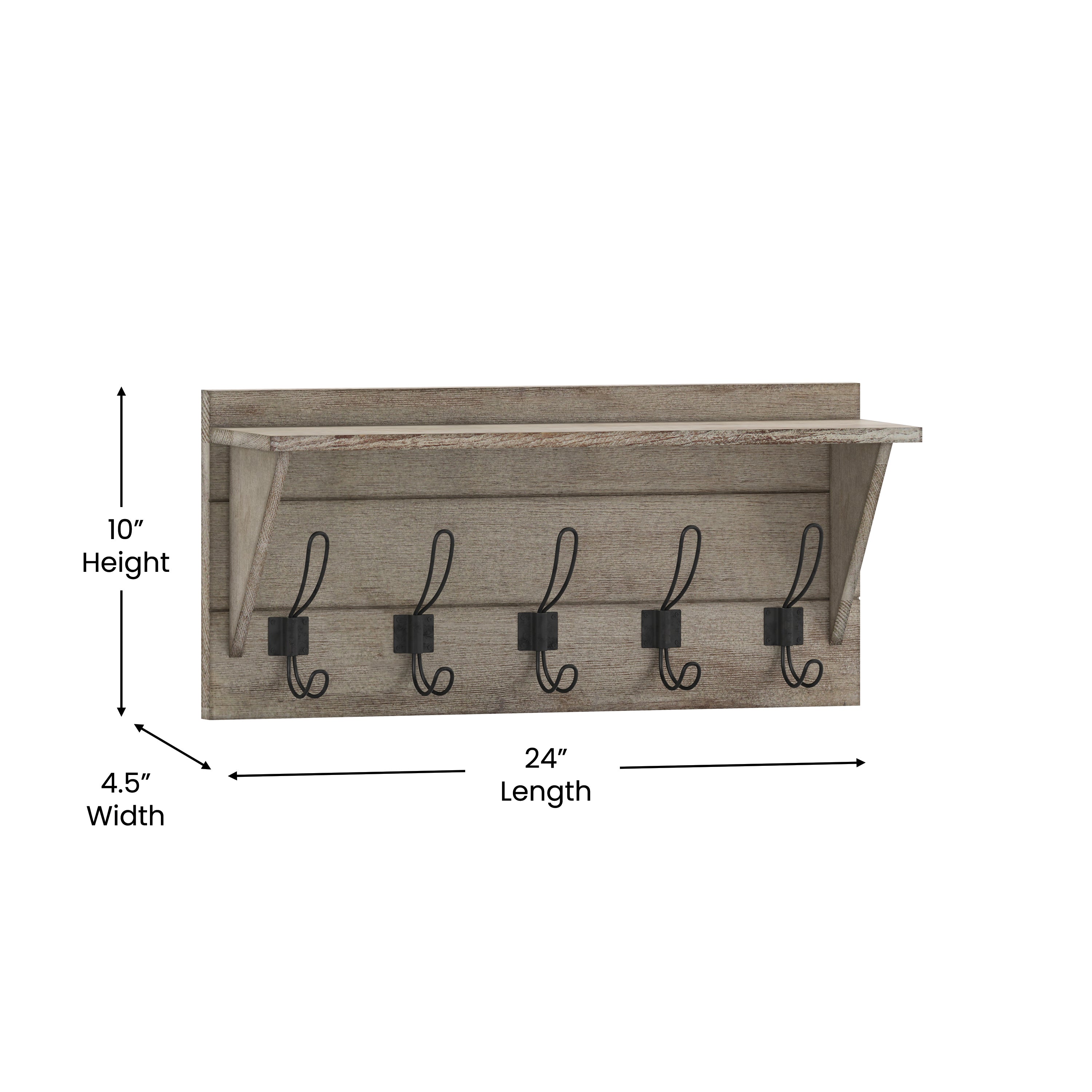 Daly Wall Mounted 24 Inch Solid Pine Wood Storage Rack with Upper Shelf and 5 Hooks For Entryway, Kitchen, Bathroom, Weathered