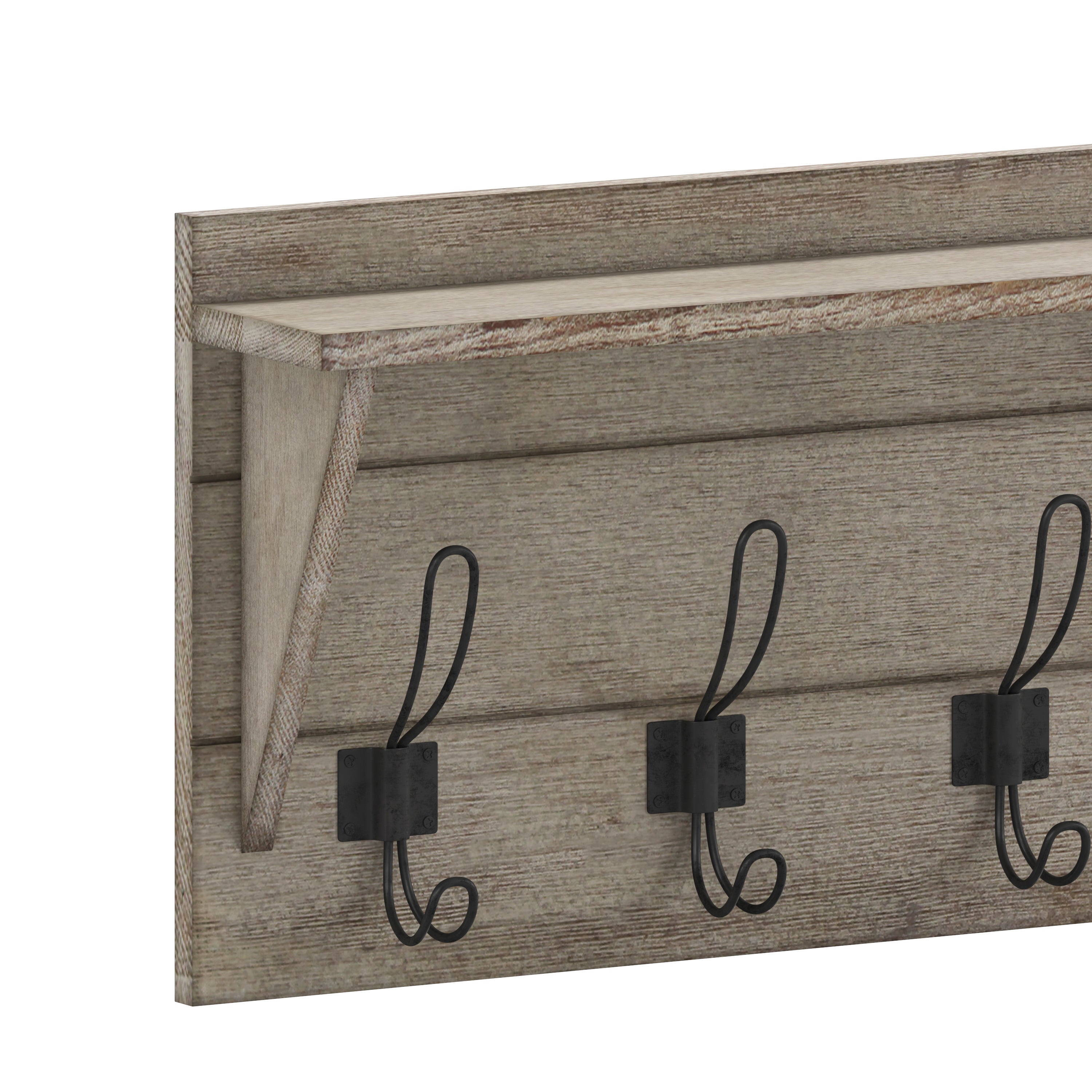 Daly Wall Mounted 24 Inch Solid Pine Wood Storage Rack with Upper Shelf and 5 Hooks For Entryway, Kitchen, Bathroom, Weathered