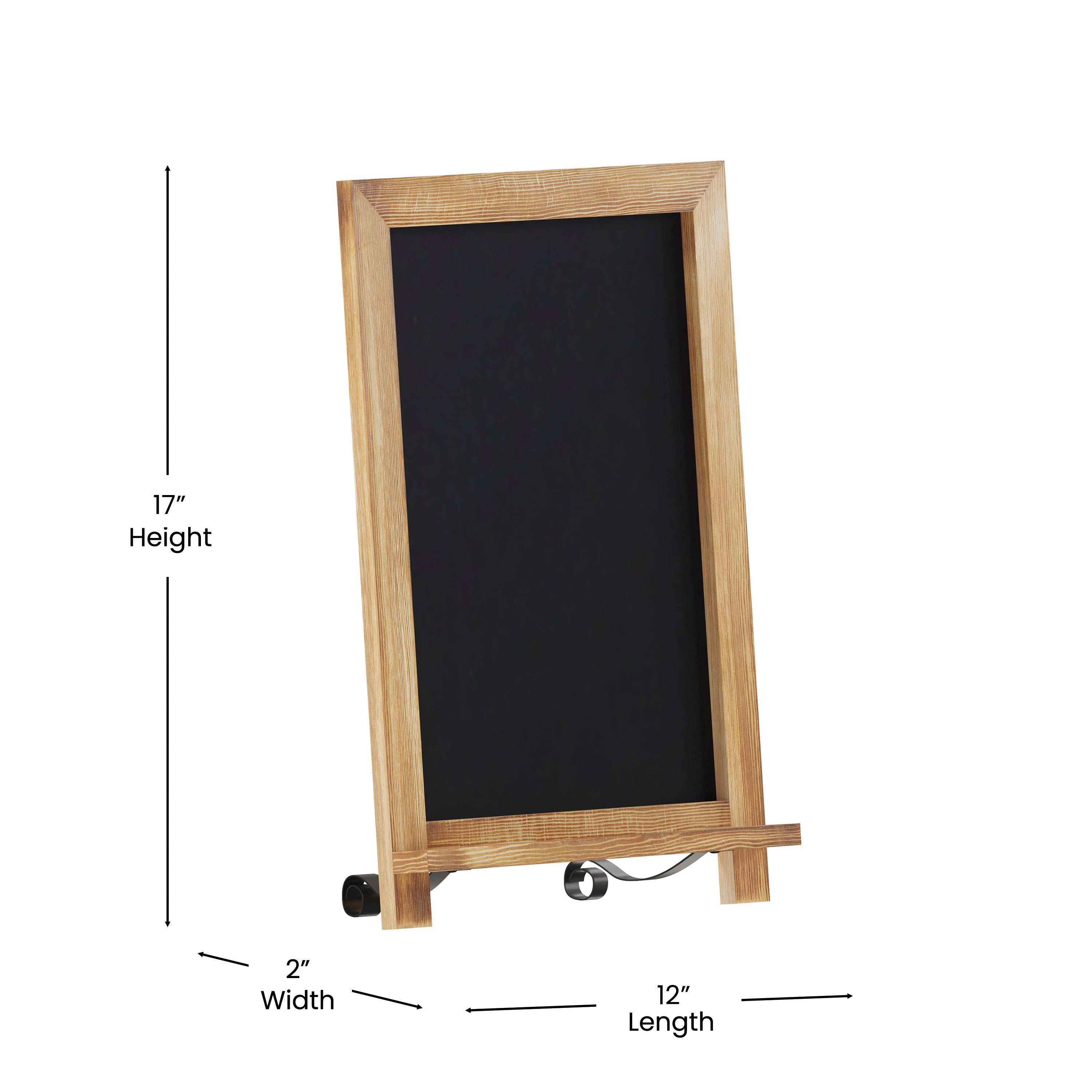 Canterbury 12" x 17" Torched Wood Tabletop Magnetic Chalkboard Sign with Metal Scrolled Legs, Hanging Wall Chalkboard, Countertop Memo Board