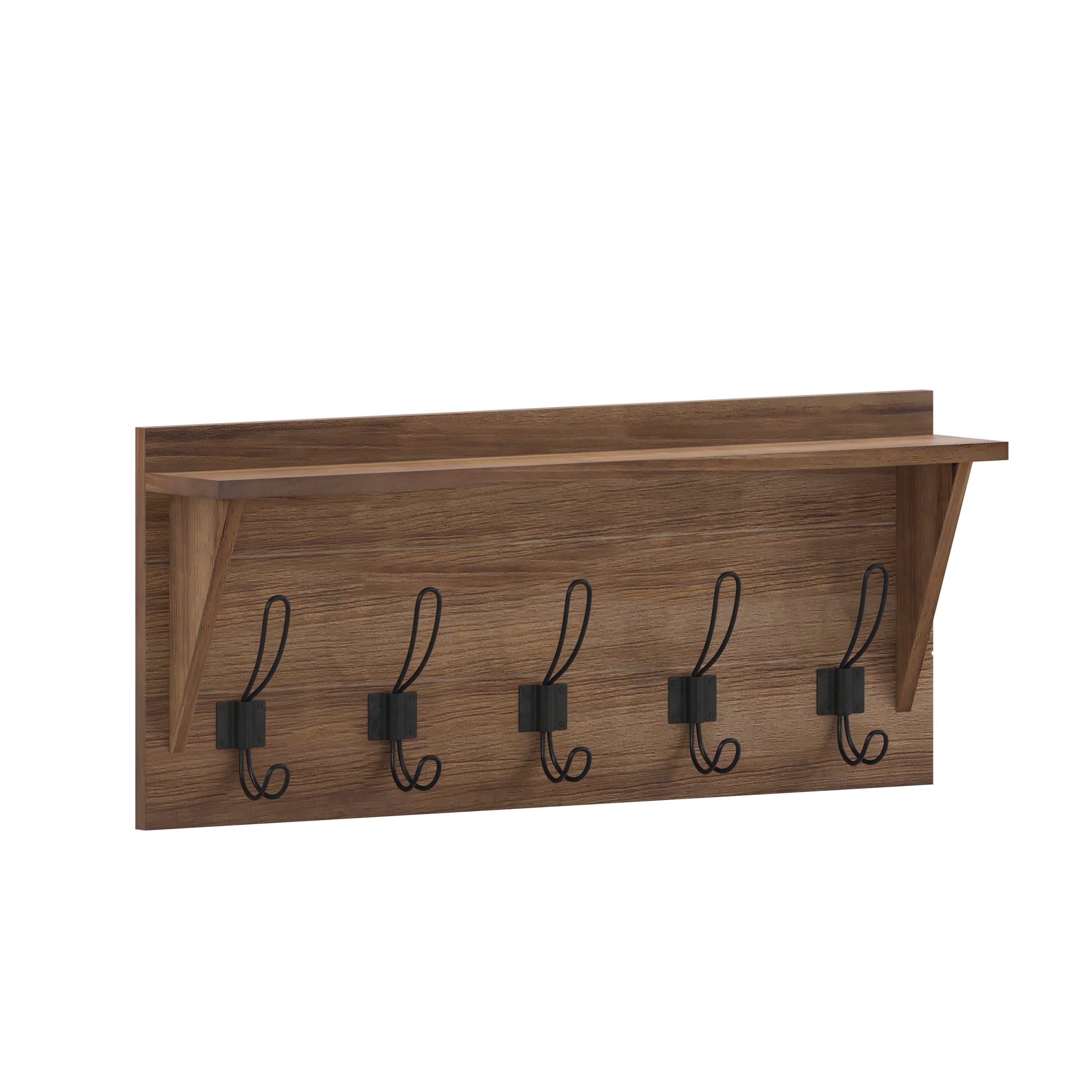 Daly Wall Mounted 24 Inch Solid Pine Wood Storage Rack with Upper Shelf and 5 Hooks For Entryway, Kitchen, Bathroom, Rustic Brown