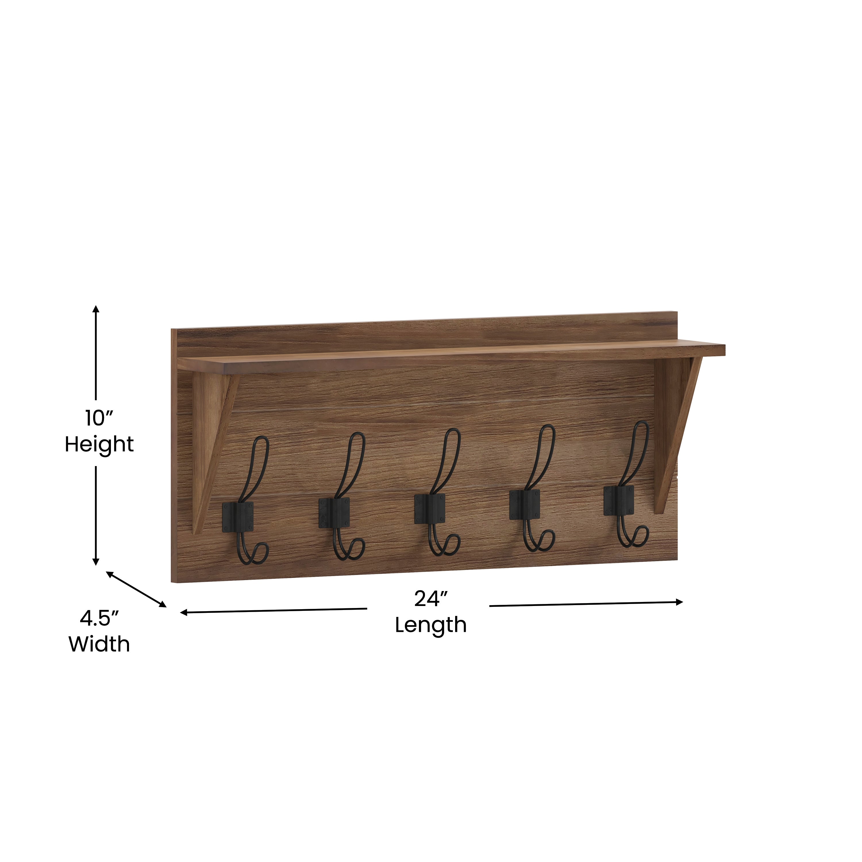 Daly Wall Mounted 24 Inch Solid Pine Wood Storage Rack with Upper Shelf and 5 Hooks For Entryway, Kitchen, Bathroom, Rustic Brown