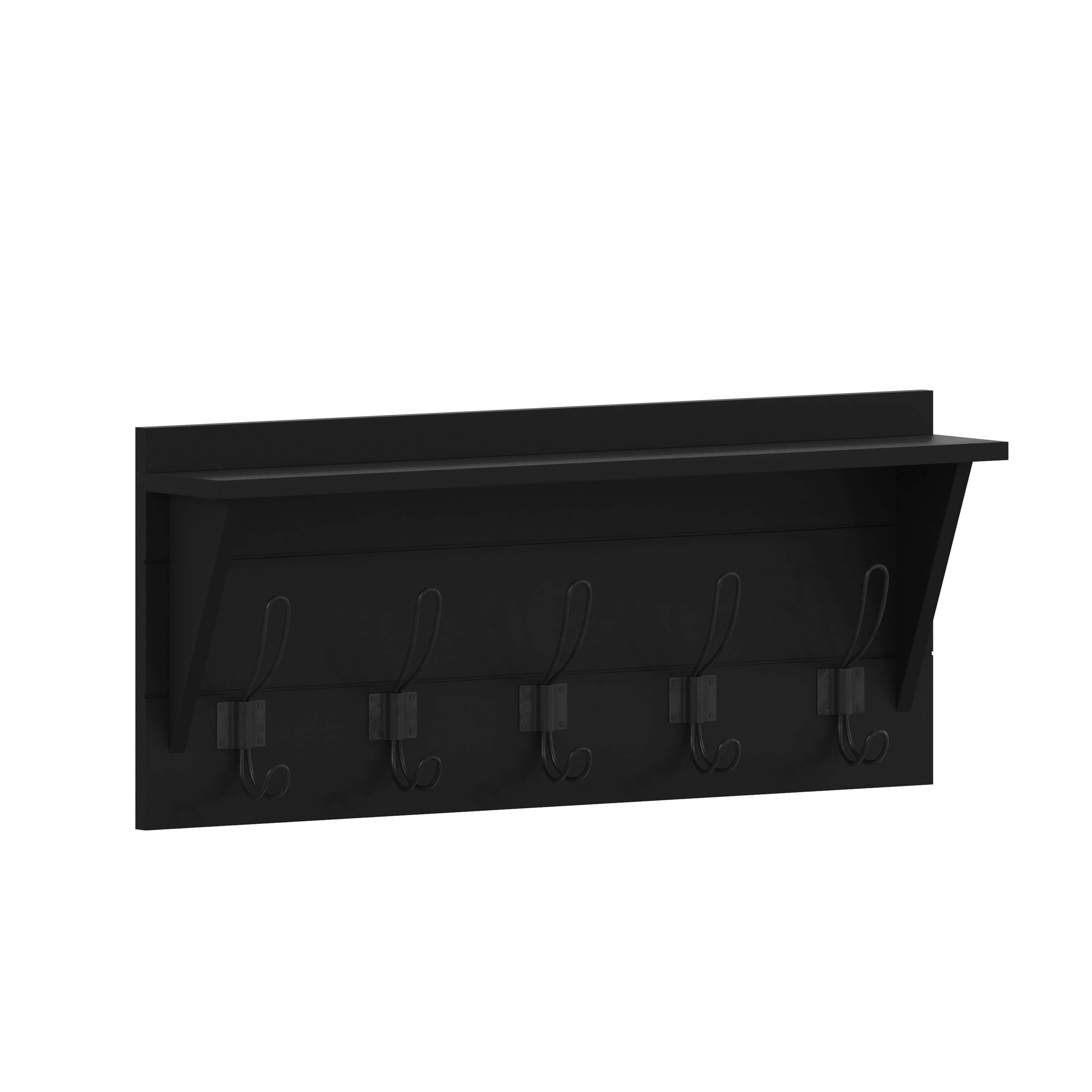 Daly Wall Mounted 24 Inch Solid Pine Wood Storage Rack with Upper Shelf and 5 Hooks For Entryway, Kitchen, Bathroom, Black