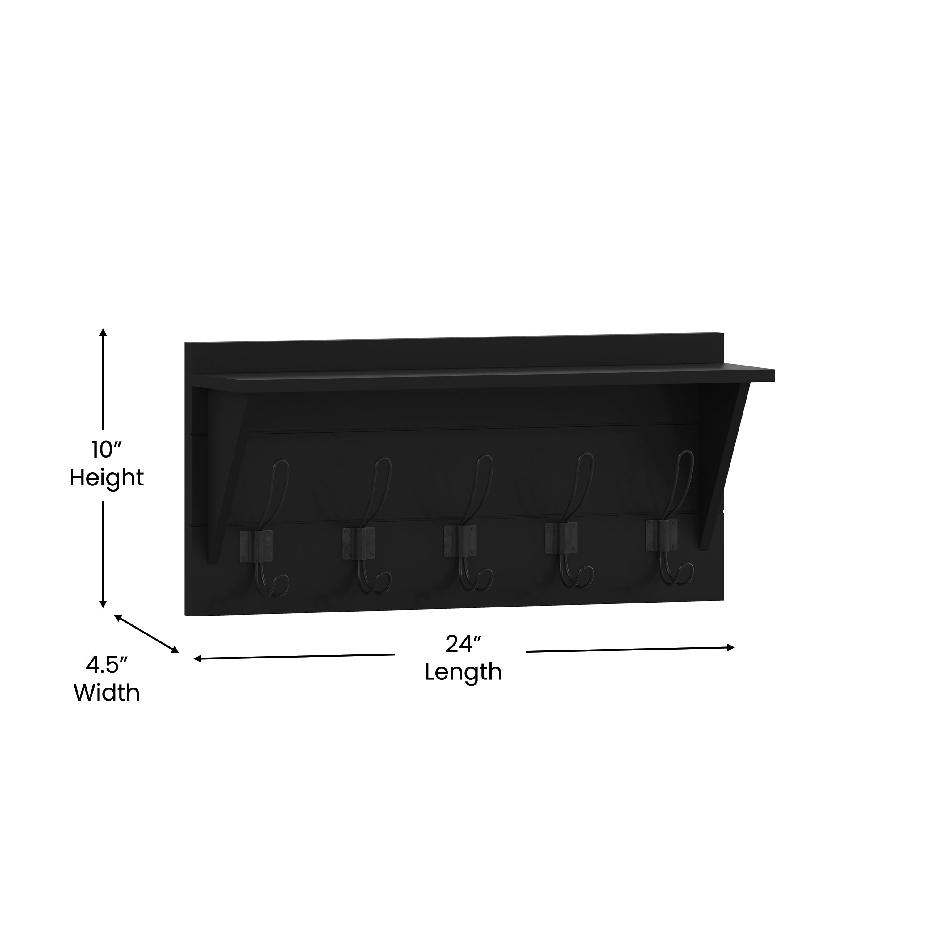 Daly Wall Mounted 24 Inch Solid Pine Wood Storage Rack with Upper Shelf and 5 Hooks For Entryway, Kitchen, Bathroom, Black