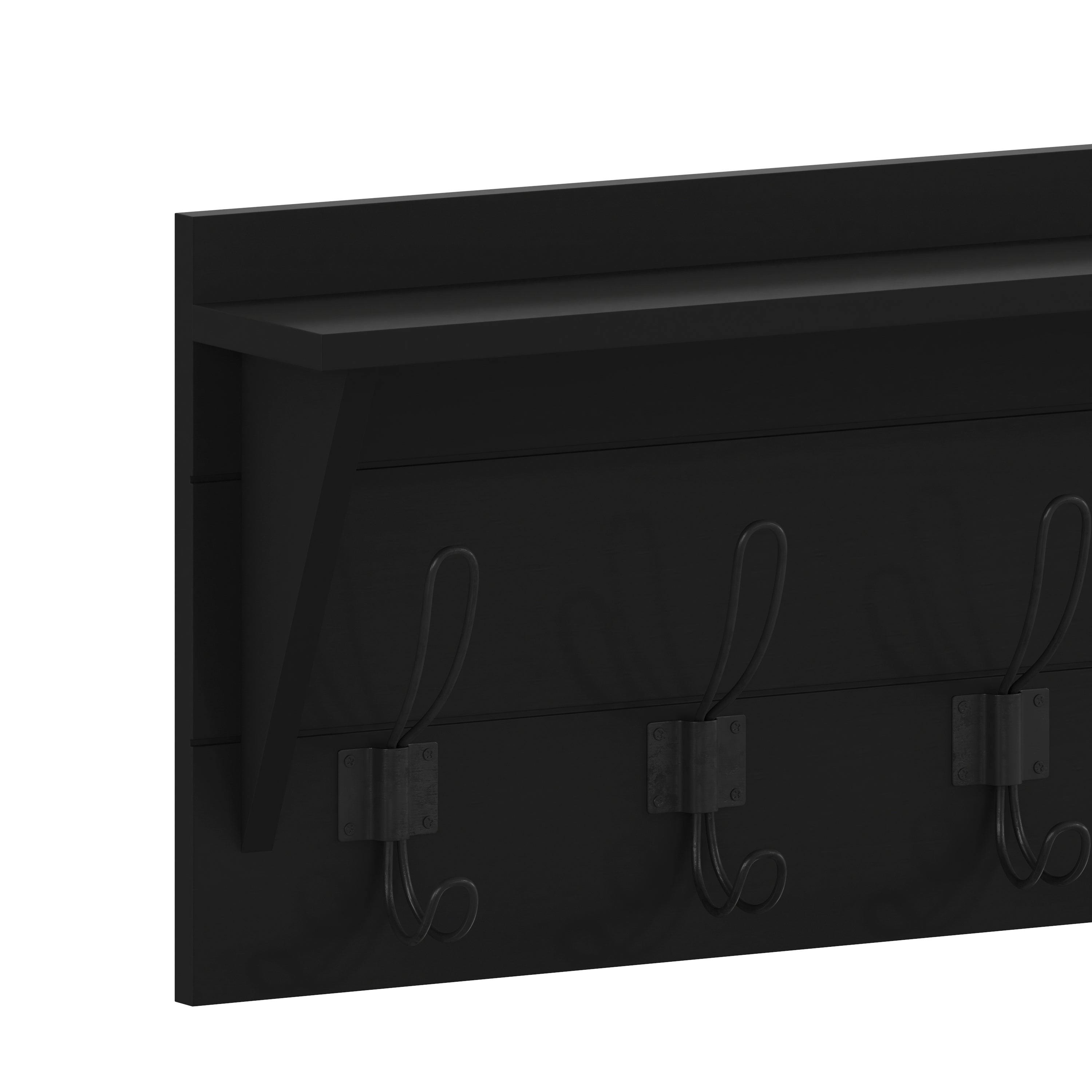 Daly Wall Mounted 24 Inch Solid Pine Wood Storage Rack with Upper Shelf and 5 Hooks For Entryway, Kitchen, Bathroom, Black