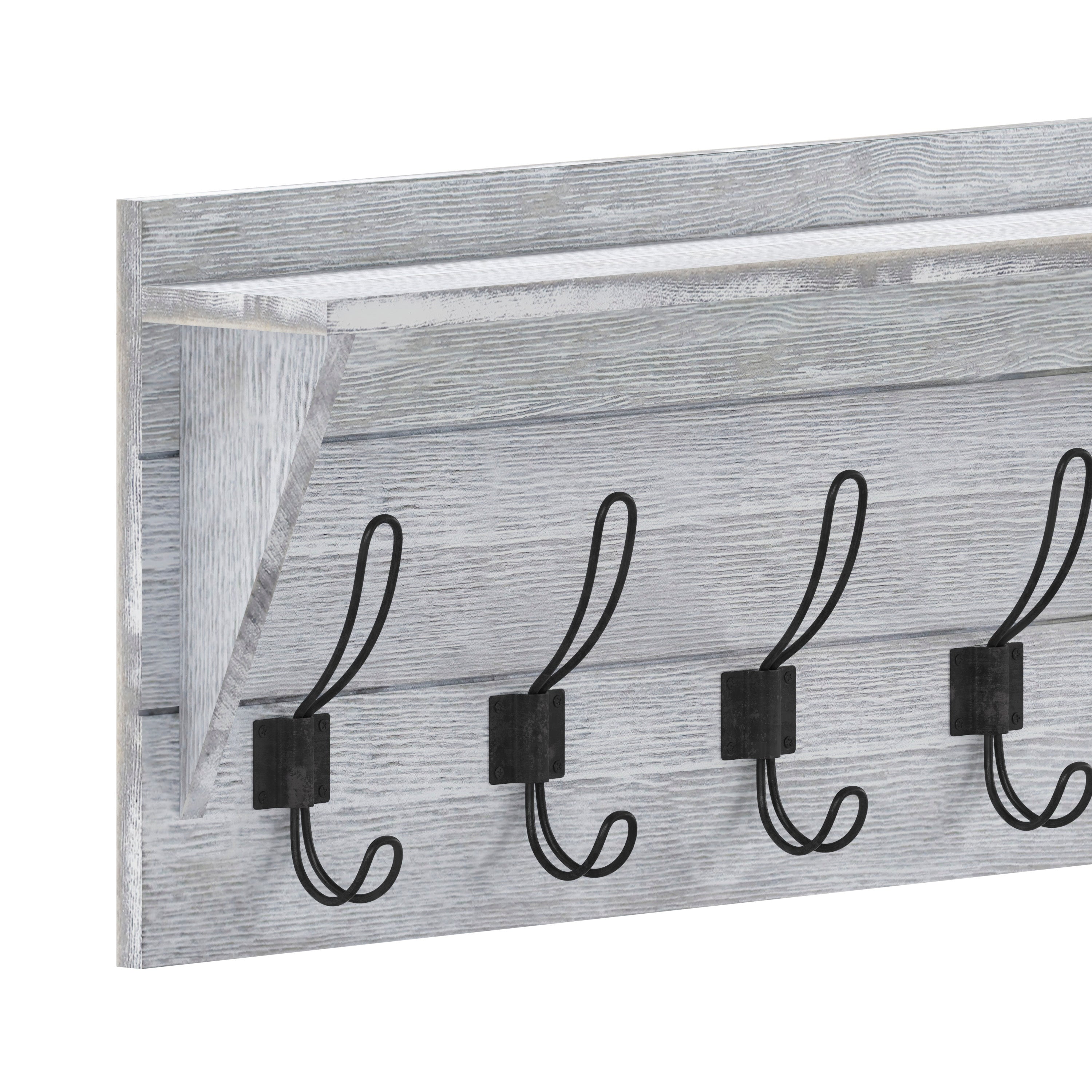 Daly Wall Mounted 24 Inch Solid Pine Wood Storage Rack with Upper Shelf and 5 Hooks For Entryway, Kitchen, Bathroom, Whitewashed