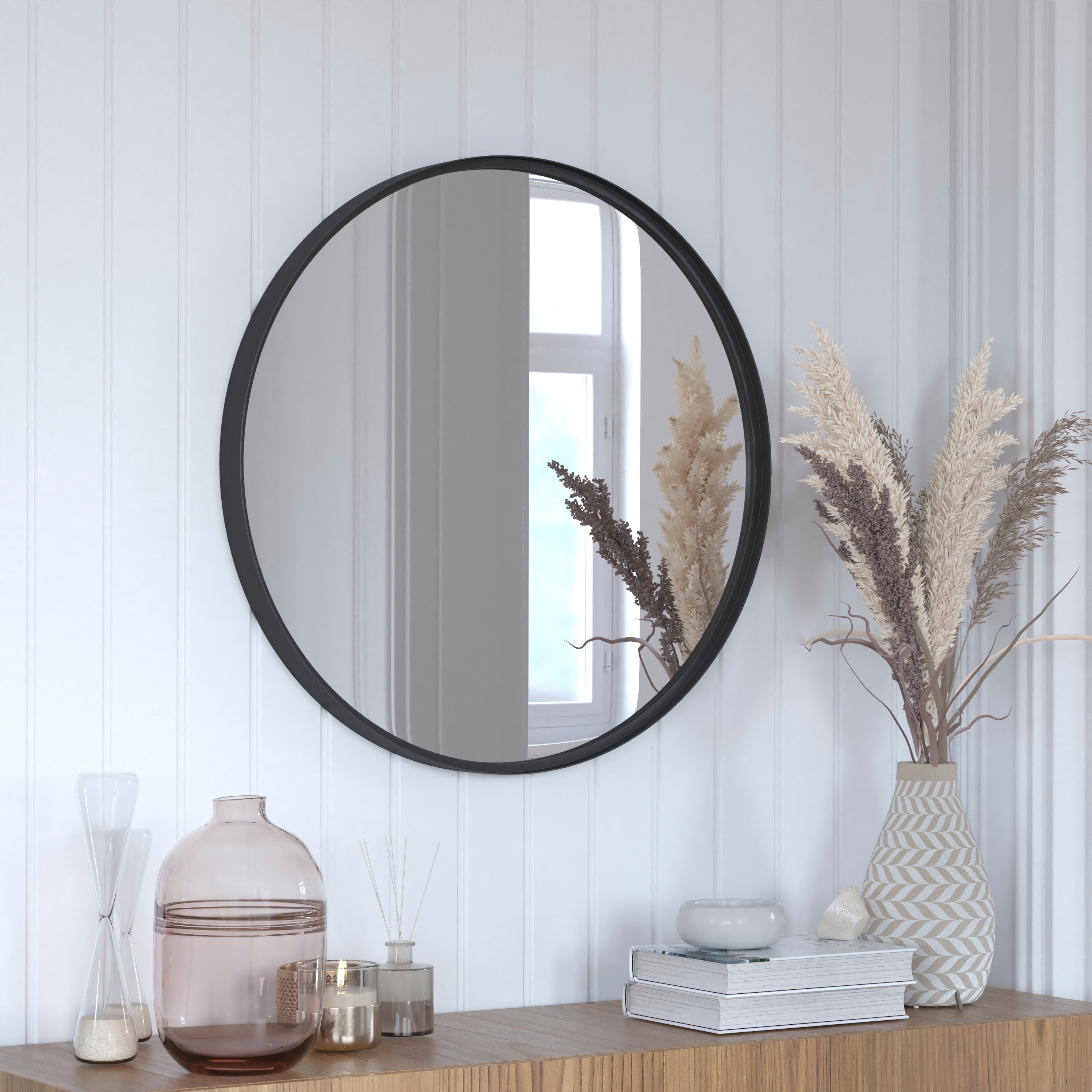 Jennifer 27.5" Round Black Metal Framed Wall Mirror - Large Accent Mirror for Bathroom, Vanity, Entryway, Dining Room, & Living Room