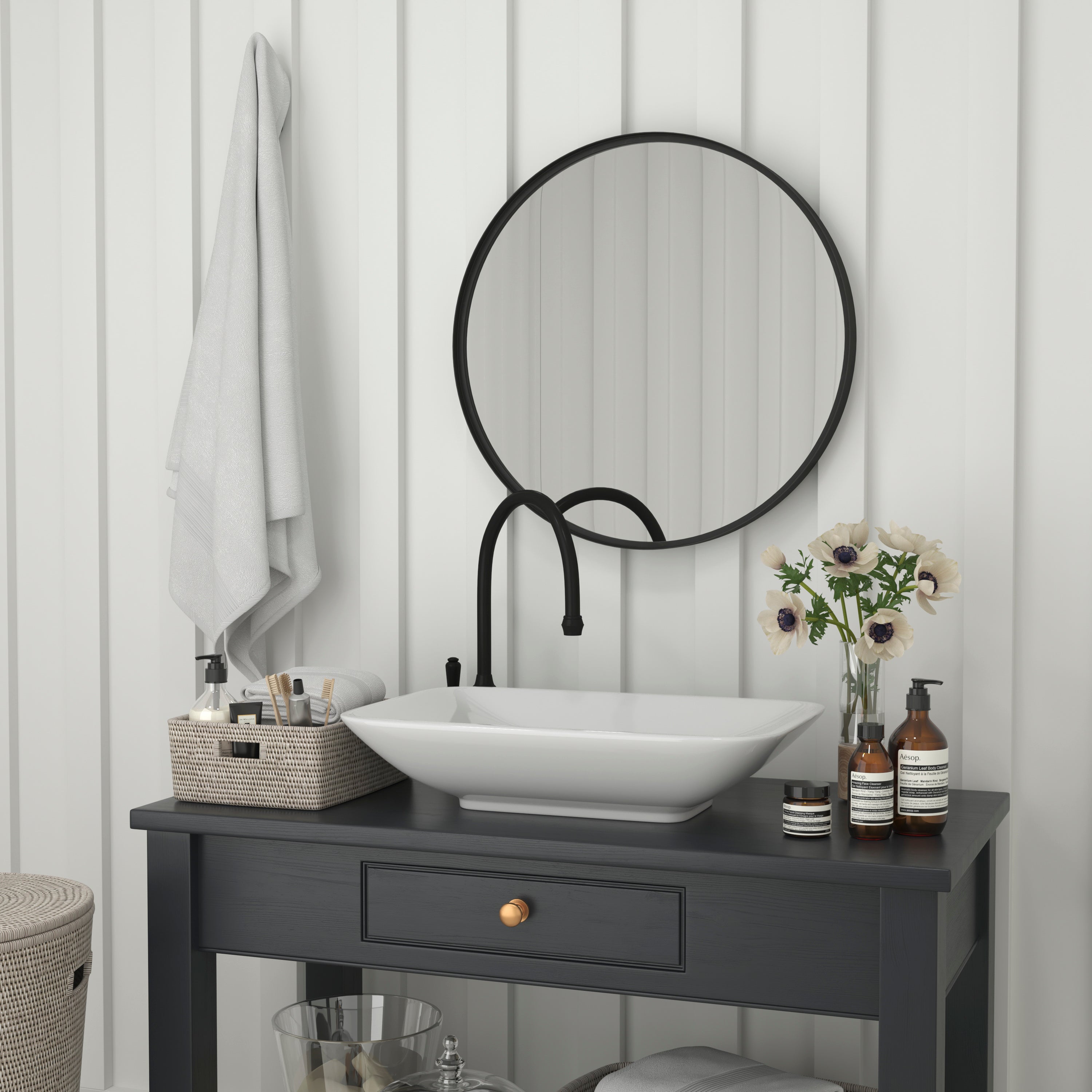 Jennifer 27.5" Round Black Metal Framed Wall Mirror - Large Accent Mirror for Bathroom, Vanity, Entryway, Dining Room, & Living Room