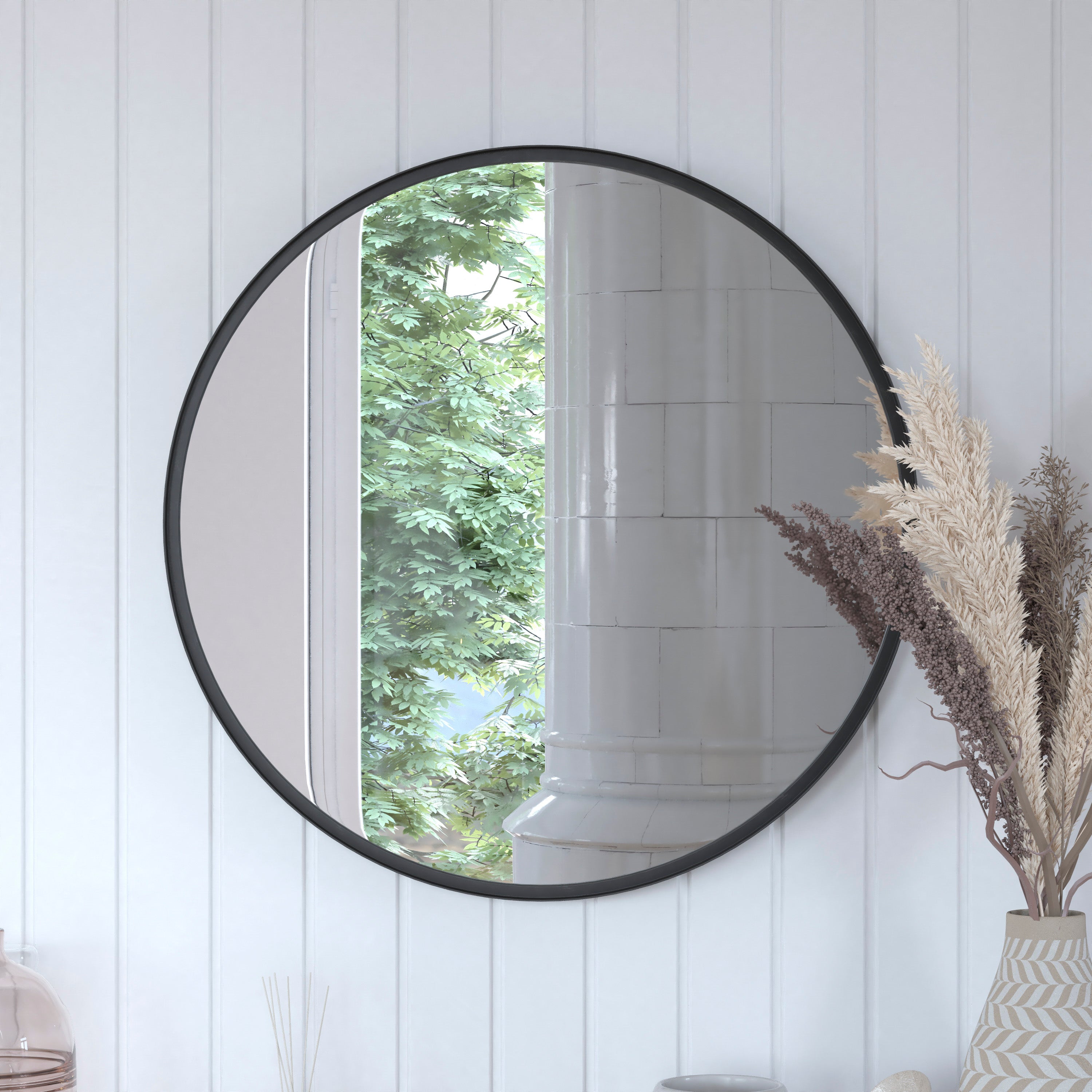 Jennifer 27.5" Round Black Metal Framed Wall Mirror - Large Accent Mirror for Bathroom, Vanity, Entryway, Dining Room, & Living Room