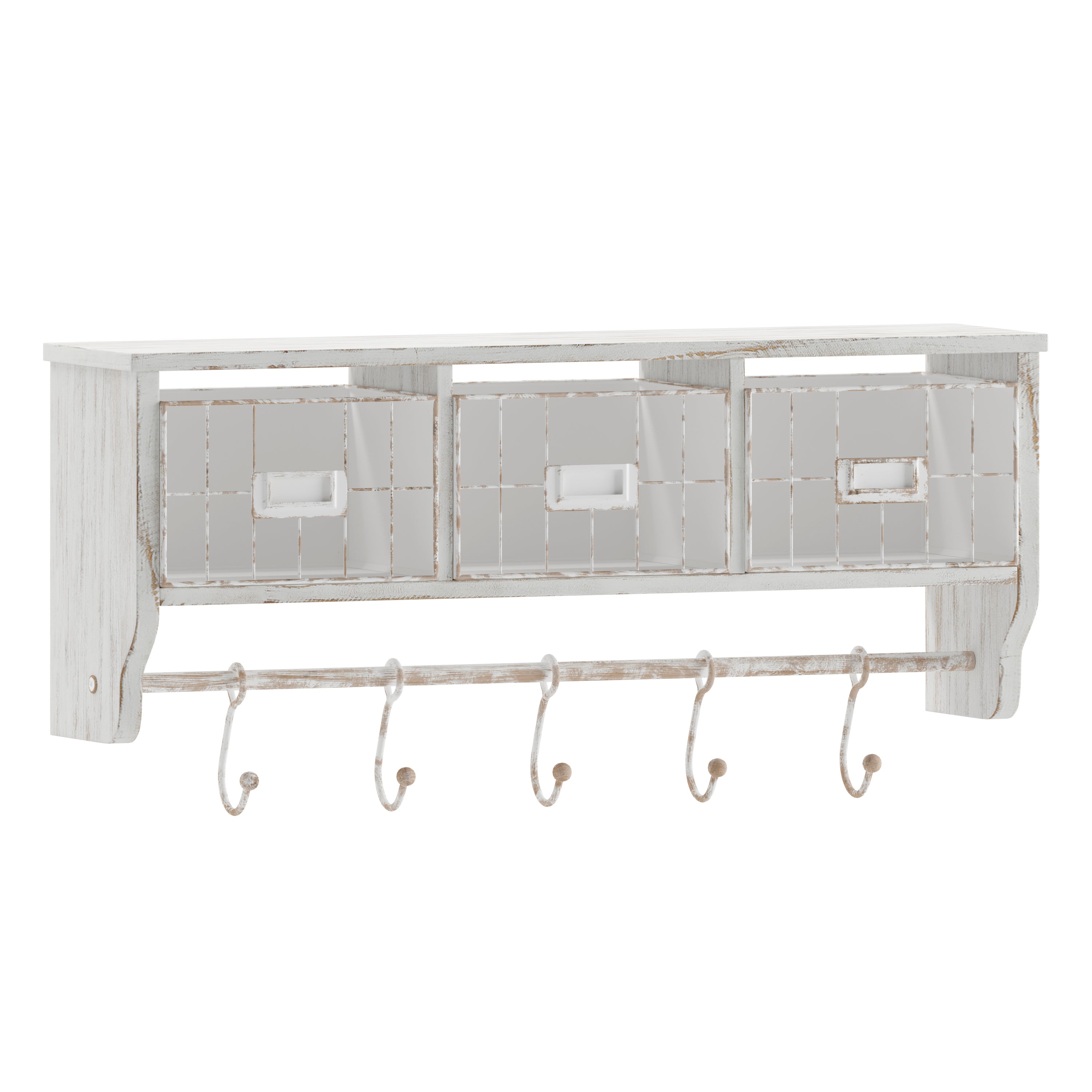 Daly Wall Mounted 24 Inch Solid Pine Wood Storage Rack with Upper Shelf, 5 Hooks, Wire Baskets For Entryway, Kitchen, Bathroom in Whitewashed