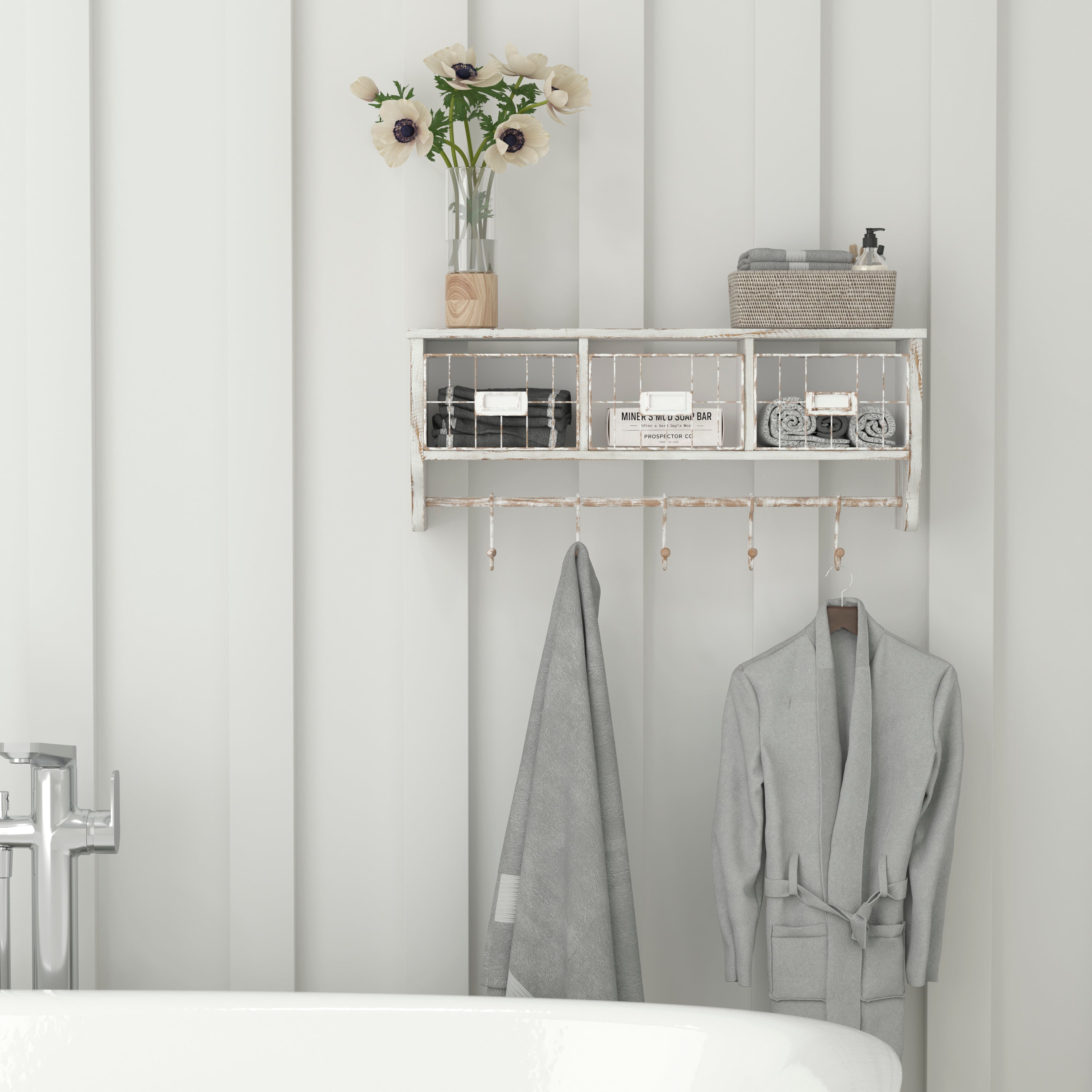 Daly Wall Mounted 24 Inch Solid Pine Wood Storage Rack with Upper Shelf, 5 Hooks, Wire Baskets For Entryway, Kitchen, Bathroom in Whitewashed