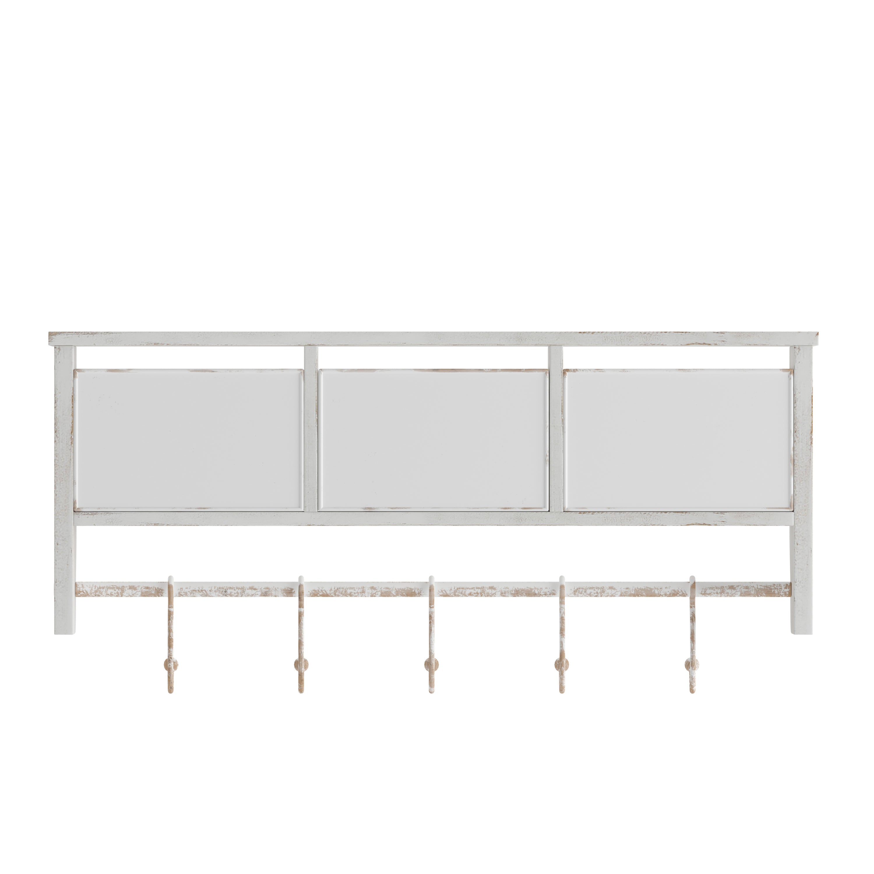 Daly Wall Mounted 24 Inch Solid Pine Wood Storage Rack with Upper Shelf, 5 Hooks, Wire Baskets For Entryway, Kitchen, Bathroom in Whitewashed
