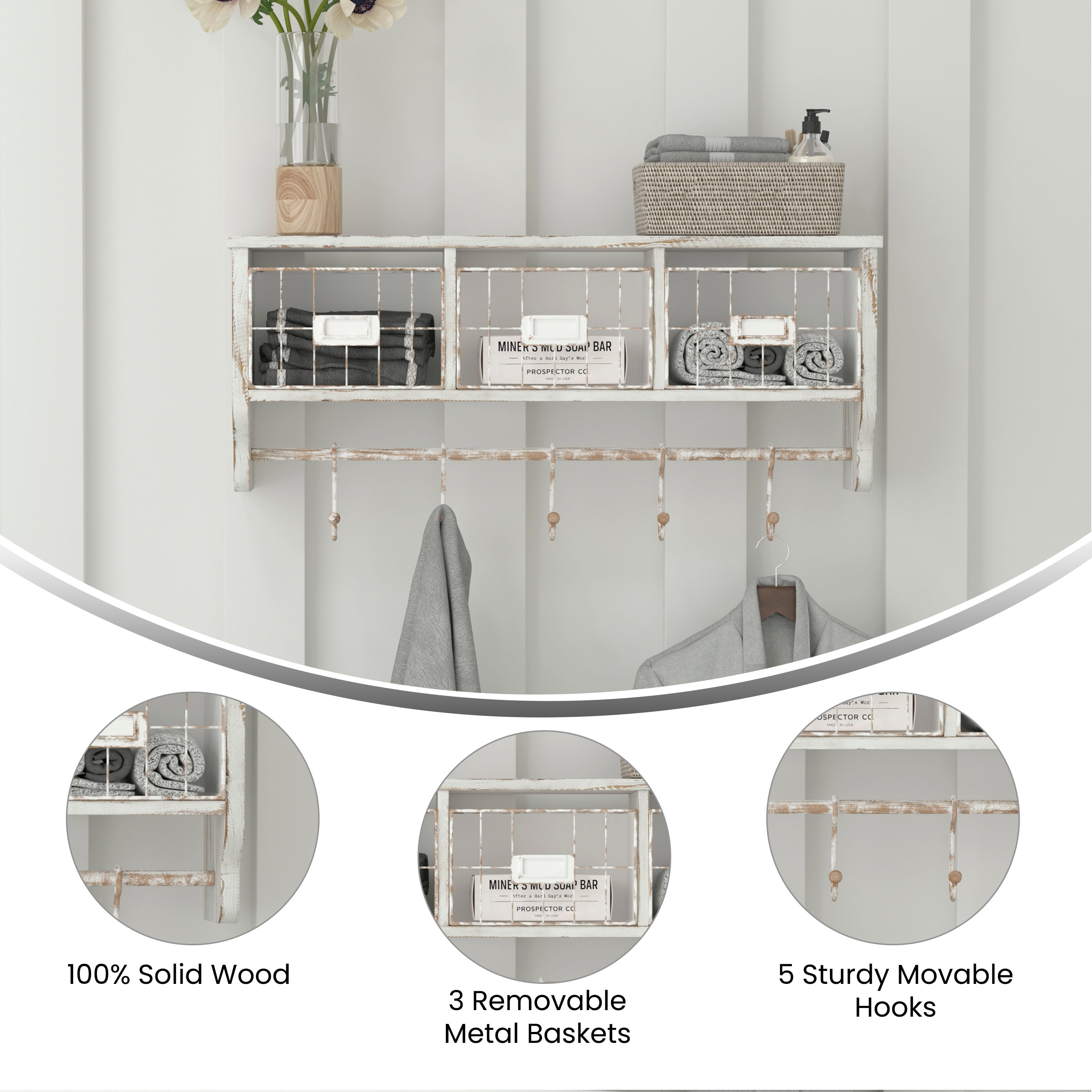 Daly Wall Mounted 24 Inch Solid Pine Wood Storage Rack with Upper Shelf, 5 Hooks, Wire Baskets For Entryway, Kitchen, Bathroom in Whitewashed