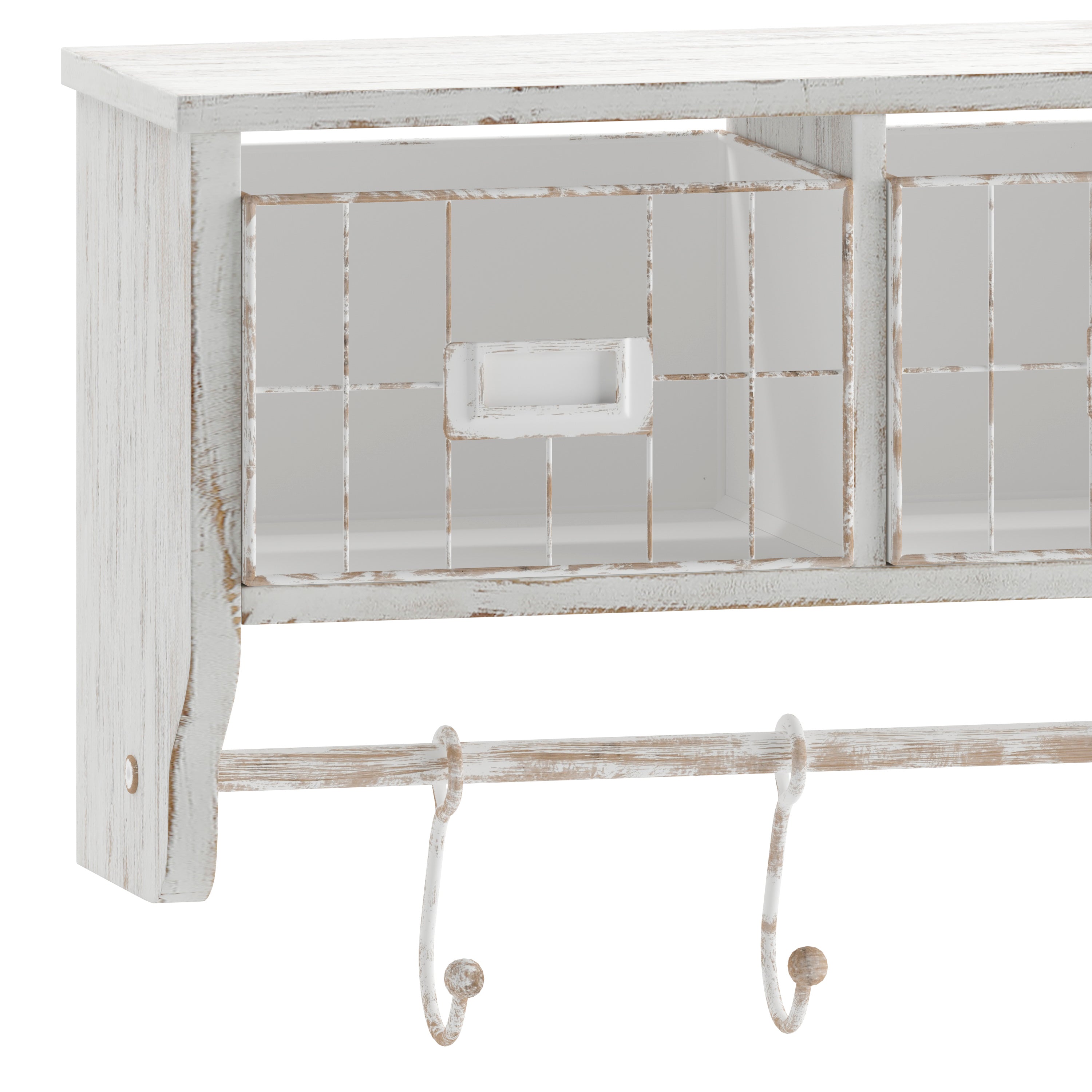 Daly Wall Mounted 24 Inch Solid Pine Wood Storage Rack with Upper Shelf, 5 Hooks, Wire Baskets For Entryway, Kitchen, Bathroom in Whitewashed