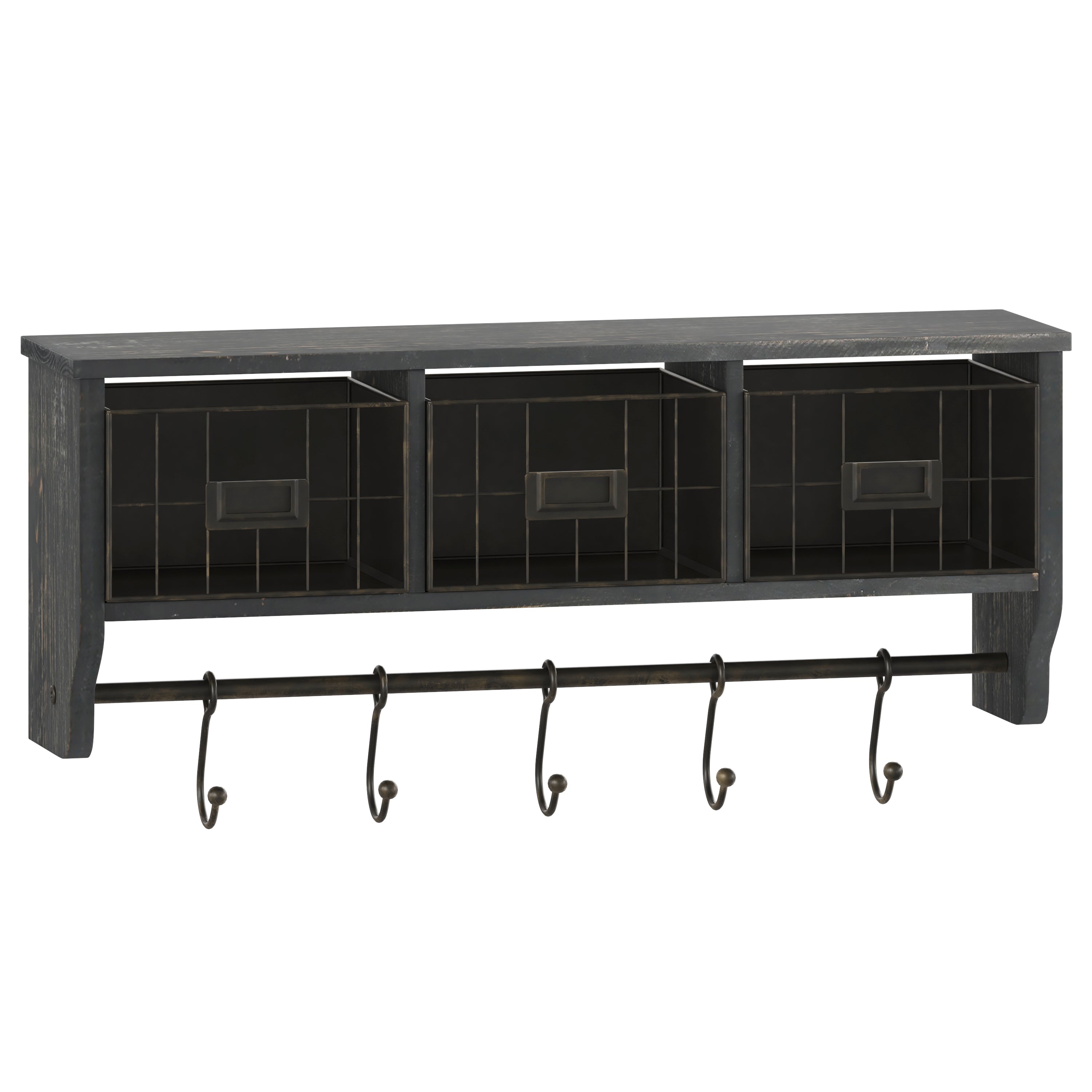 Daly Wall Mounted 24 Inch Solid Pine Wood Storage Rack with Upper Shelf, 5 Hooks, Wire Baskets For Entryway, Kitchen, Bathroom in Blackwashed