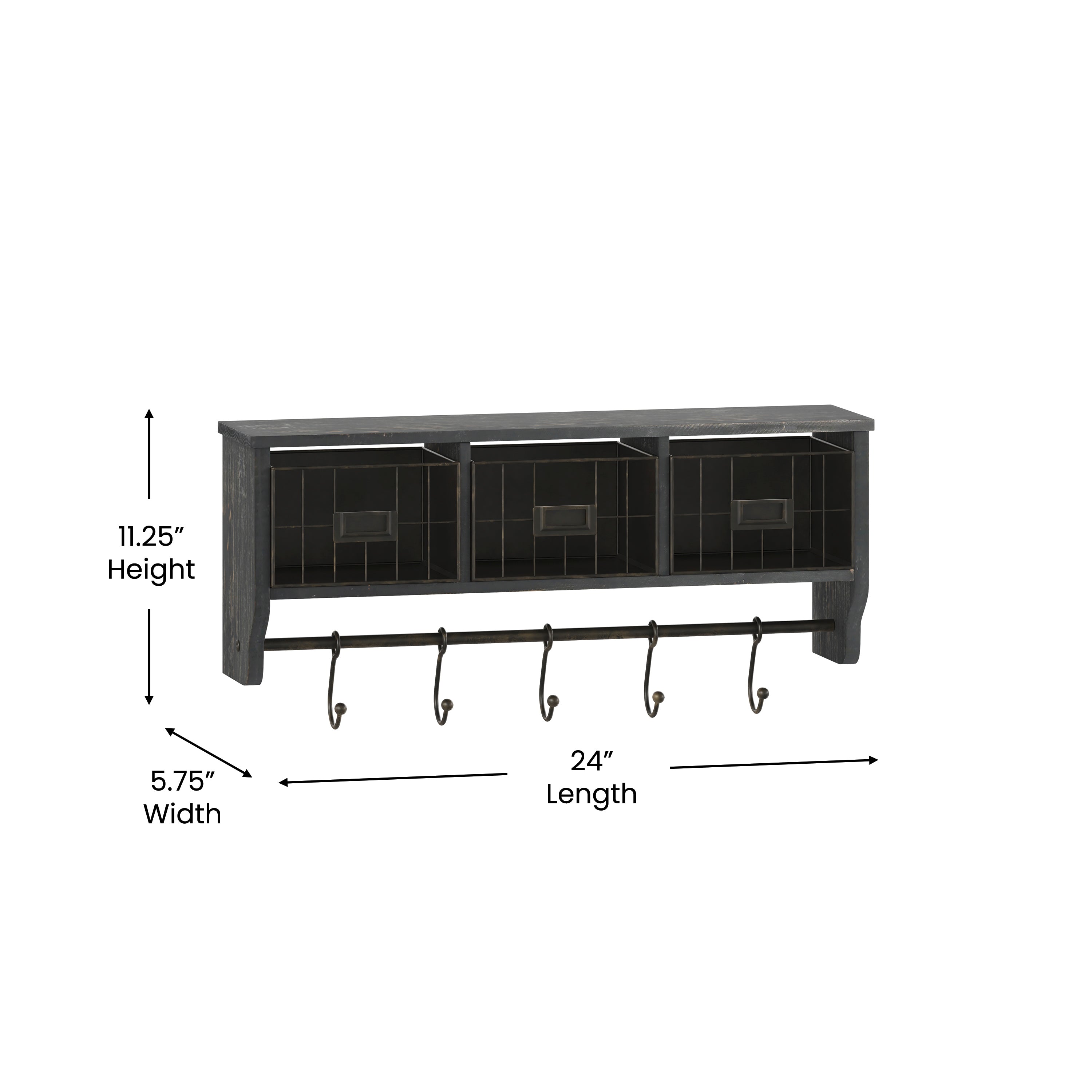 Daly Wall Mounted 24 Inch Solid Pine Wood Storage Rack with Upper Shelf, 5 Hooks, Wire Baskets For Entryway, Kitchen, Bathroom in Blackwashed