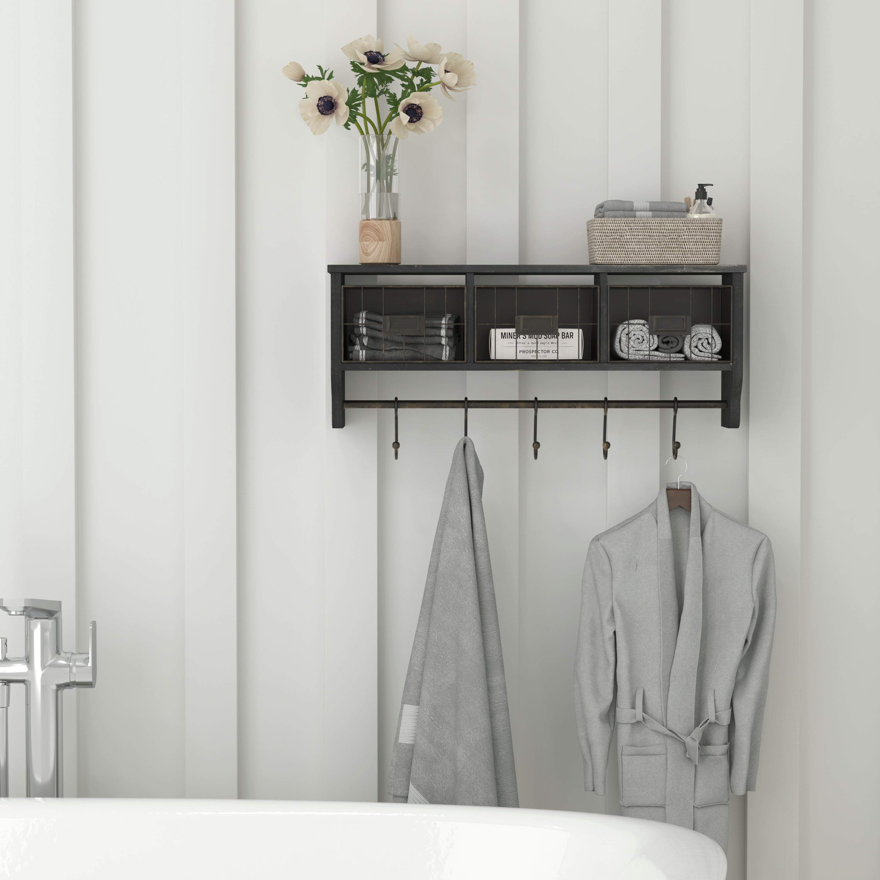 Daly Wall Mounted 24 Inch Solid Pine Wood Storage Rack with Upper Shelf, 5 Hooks, Wire Baskets For Entryway, Kitchen, Bathroom in Blackwashed