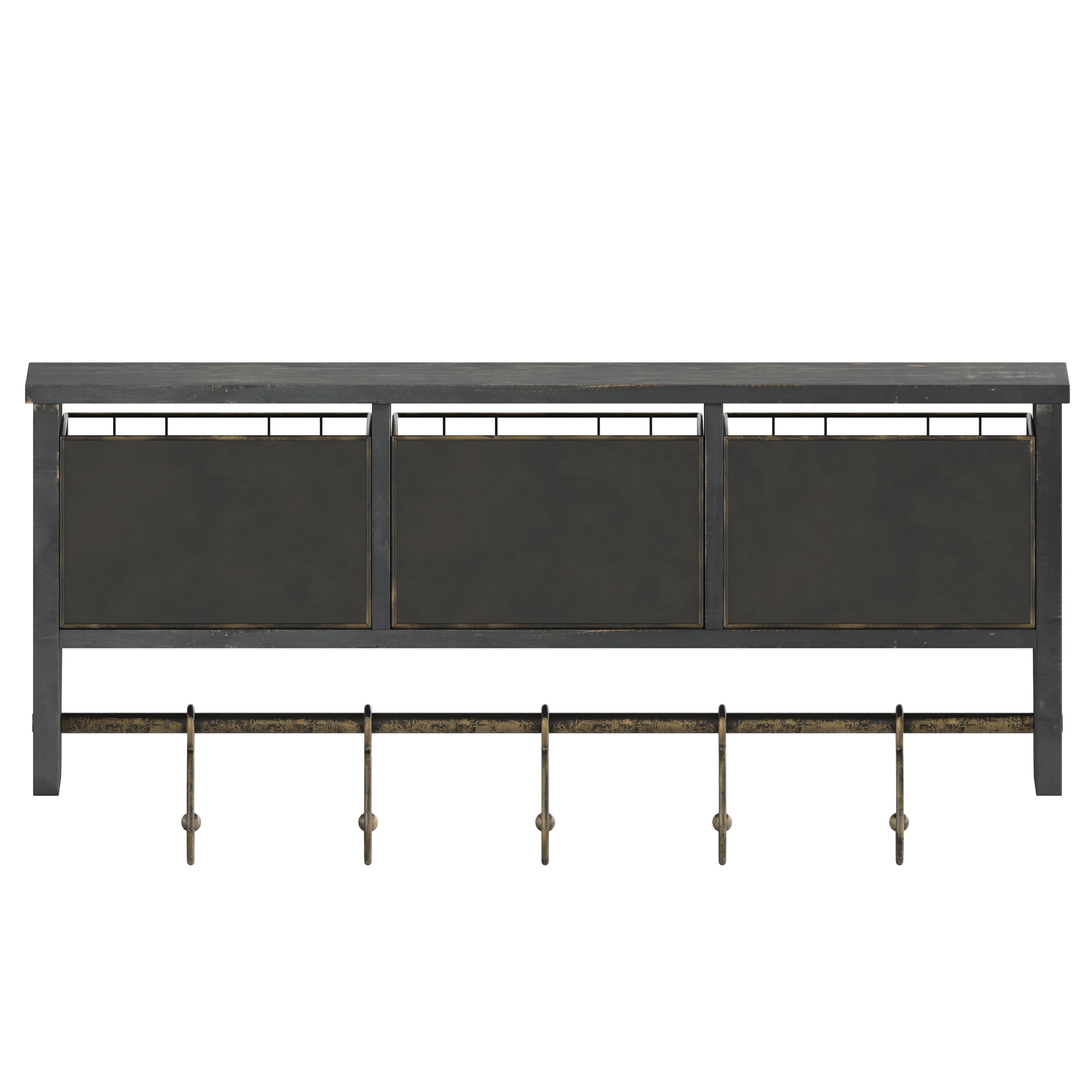 Daly Wall Mounted 24 Inch Solid Pine Wood Storage Rack with Upper Shelf, 5 Hooks, Wire Baskets For Entryway, Kitchen, Bathroom in Blackwashed