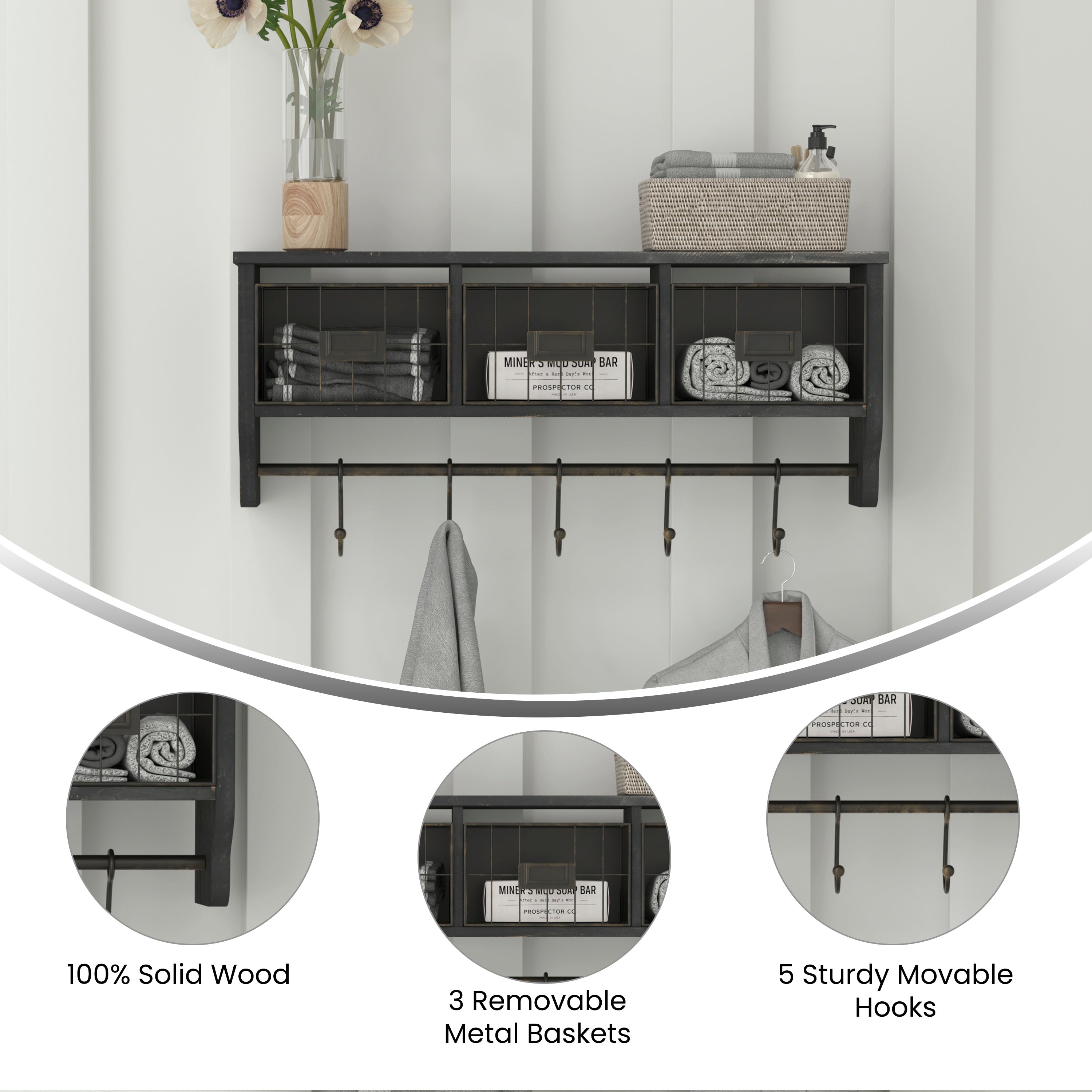 Daly Wall Mounted 24 Inch Solid Pine Wood Storage Rack with Upper Shelf, 5 Hooks, Wire Baskets For Entryway, Kitchen, Bathroom in Blackwashed