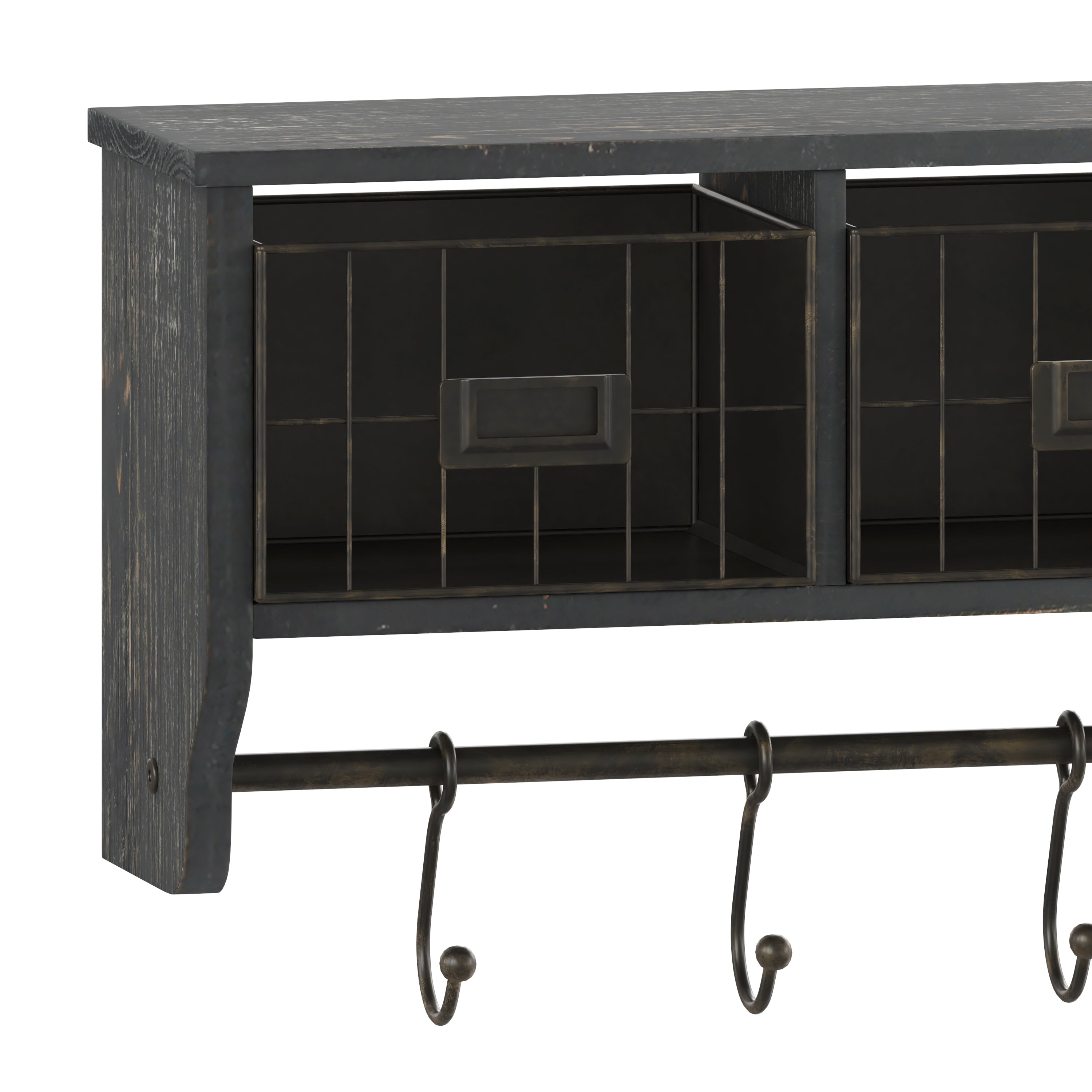 Daly Wall Mounted 24 Inch Solid Pine Wood Storage Rack with Upper Shelf, 5 Hooks, Wire Baskets For Entryway, Kitchen, Bathroom in Blackwashed