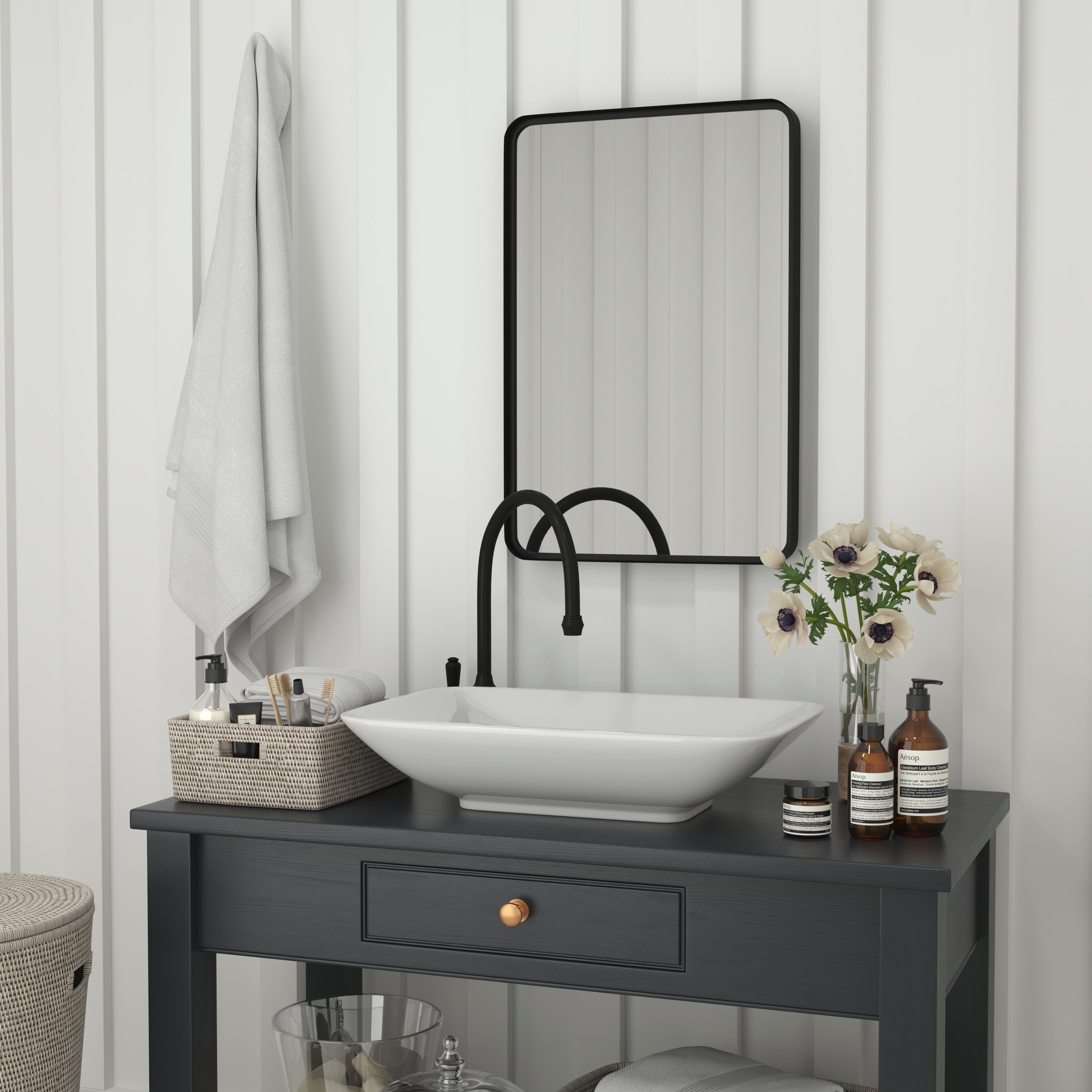 Janinne 20" x 30" Decorative Wall Mirror - Rounded Corners, Bathroom & Living Room Glass Mirror Hangs Horizontal Or Vertical, Matte Black