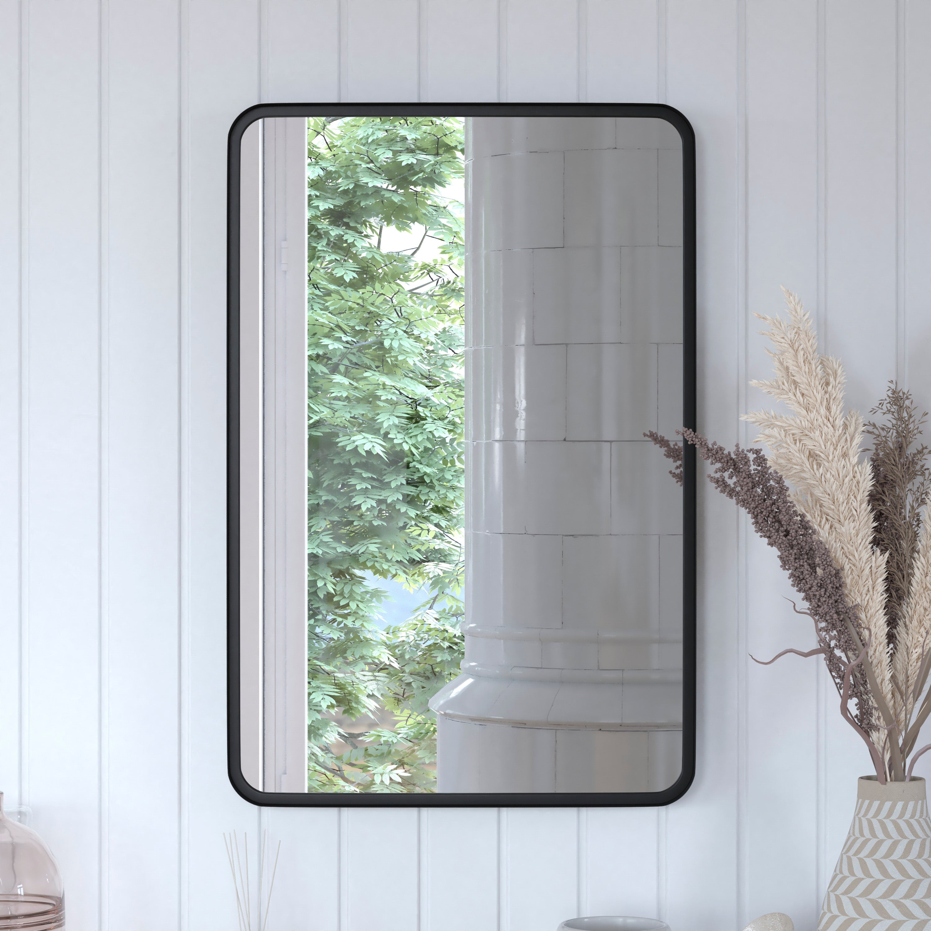 Janinne 20" x 30" Decorative Wall Mirror - Rounded Corners, Bathroom & Living Room Glass Mirror Hangs Horizontal Or Vertical, Matte Black