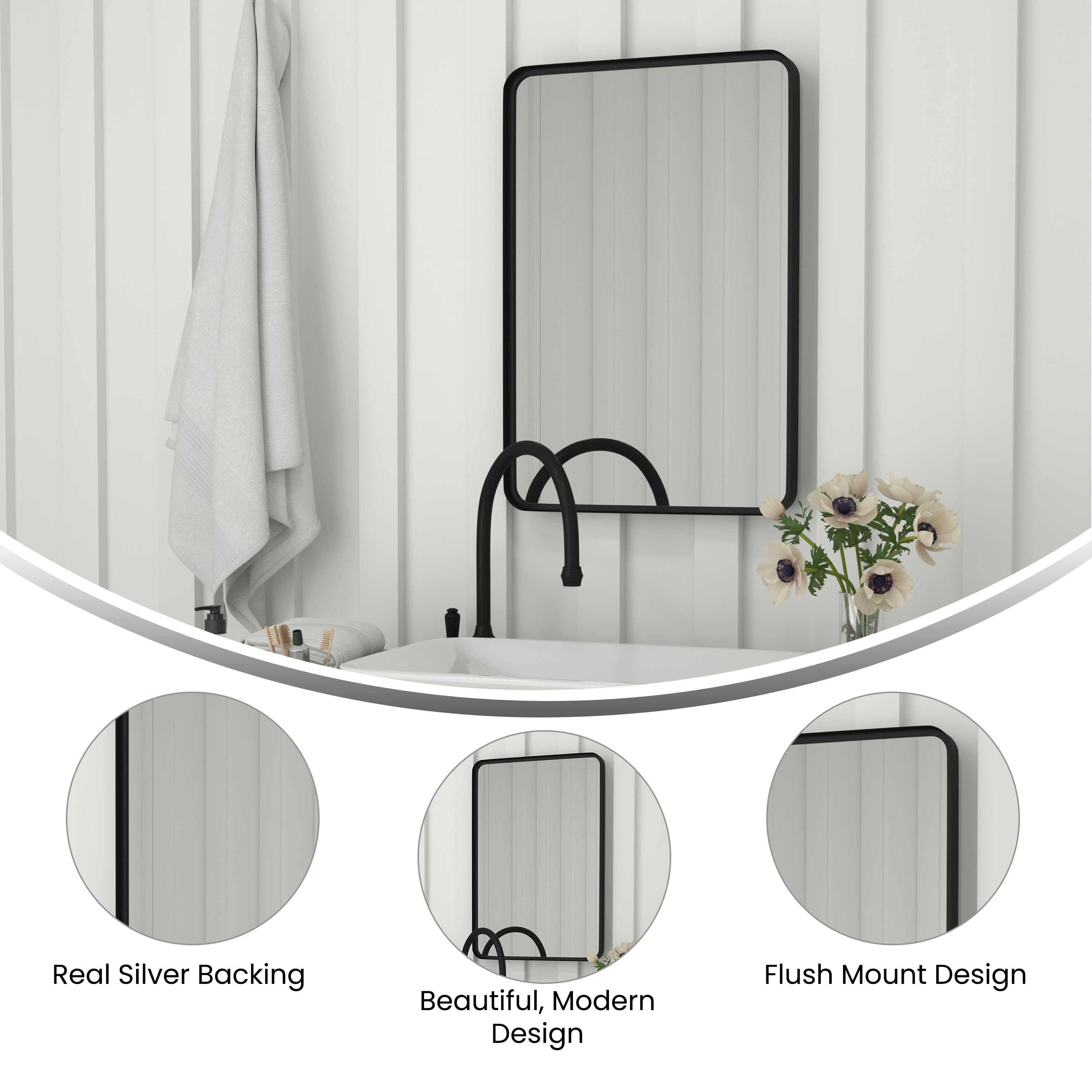 Janinne 20" x 30" Decorative Wall Mirror - Rounded Corners, Bathroom & Living Room Glass Mirror Hangs Horizontal Or Vertical, Matte Black