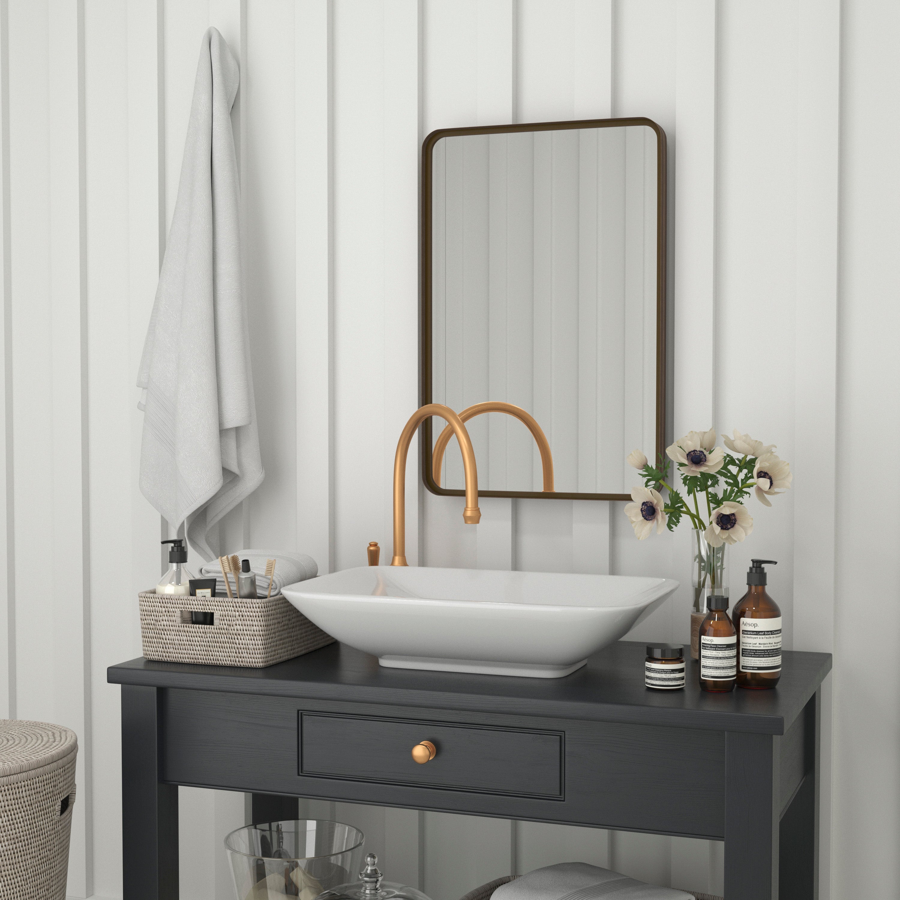 Janinne 20" x 30" Decorative Wall Mirror - Rounded Corners, Bathroom & Living Room Glass Mirror Hangs Horizontal Or Vertical, Brushed Bronze