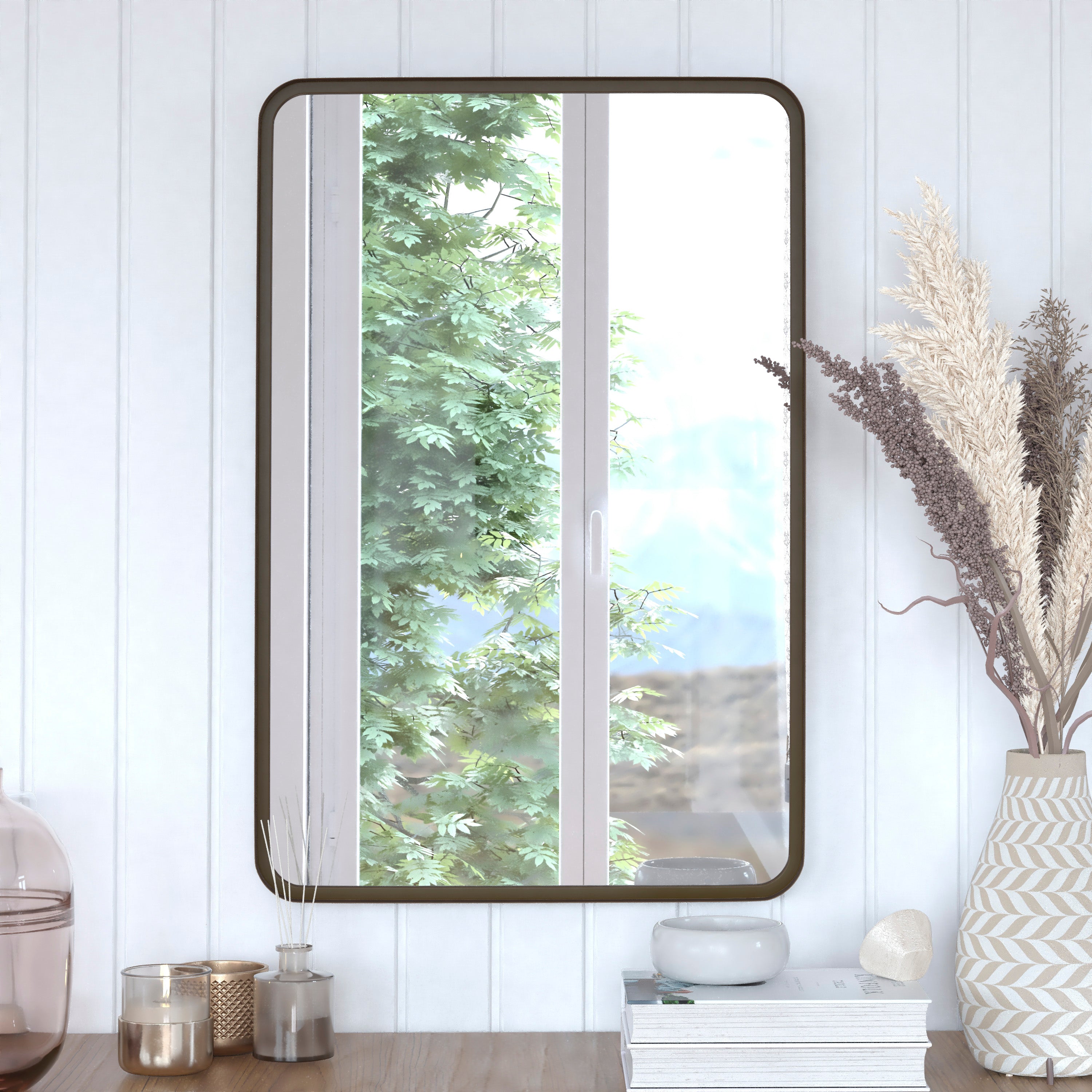 Janinne 20" x 30" Decorative Wall Mirror - Rounded Corners, Bathroom & Living Room Glass Mirror Hangs Horizontal Or Vertical, Brushed Bronze