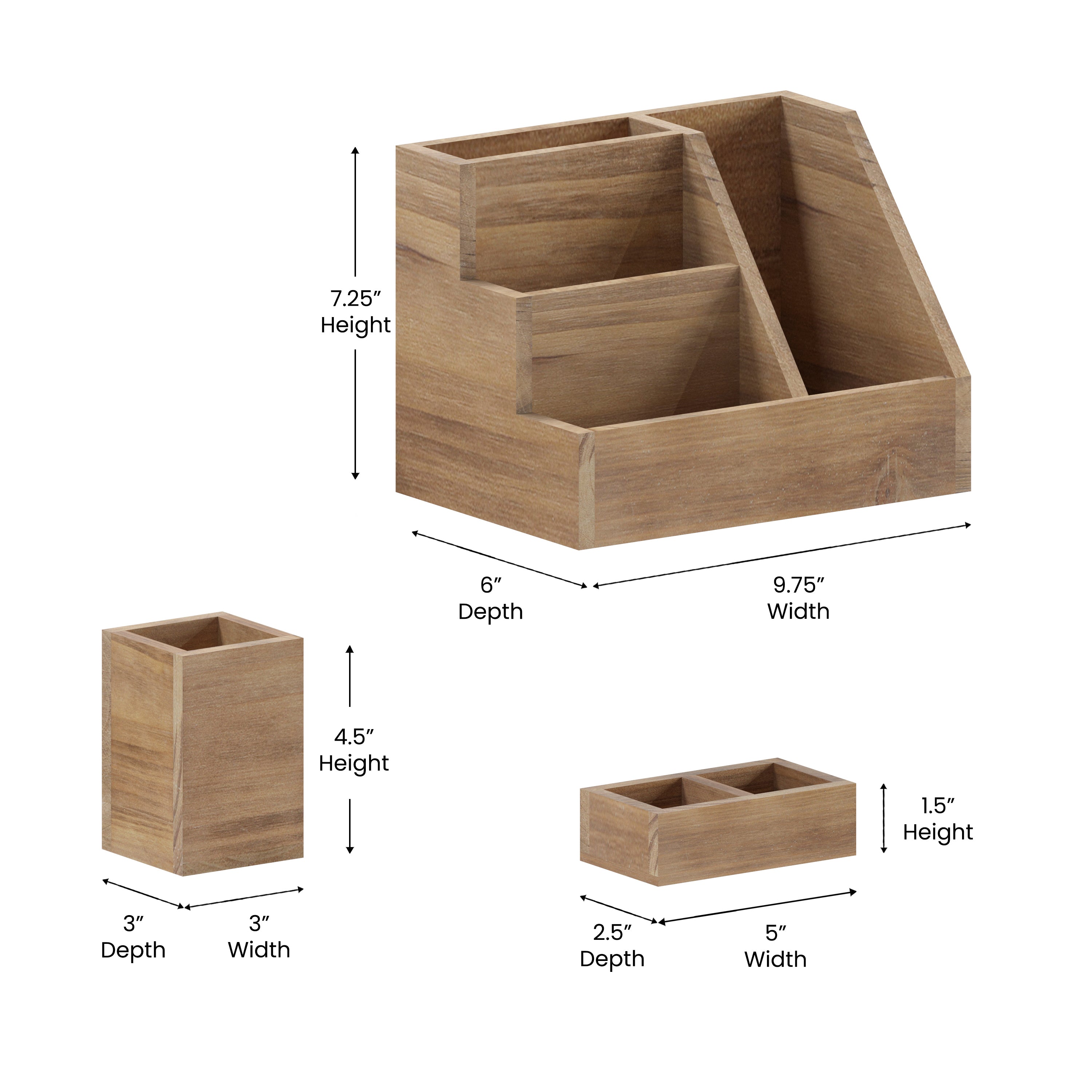 Comerford 3 Piece Wooden Organizer Set For Desktop, Table Top, or Vanity in Rustic Brown