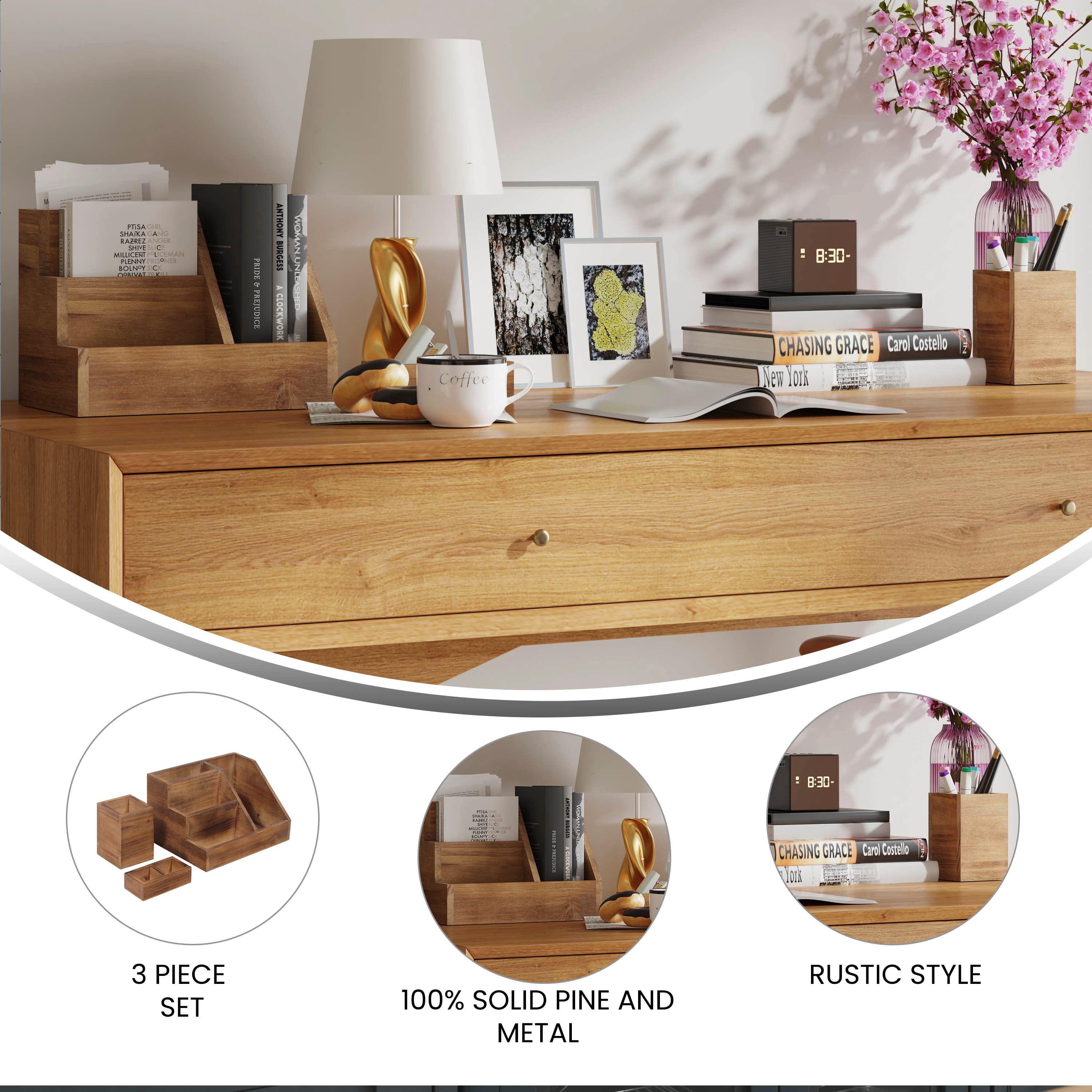 Comerford 3 Piece Wooden Organizer Set For Desktop, Table Top, or Vanity in Rustic Brown