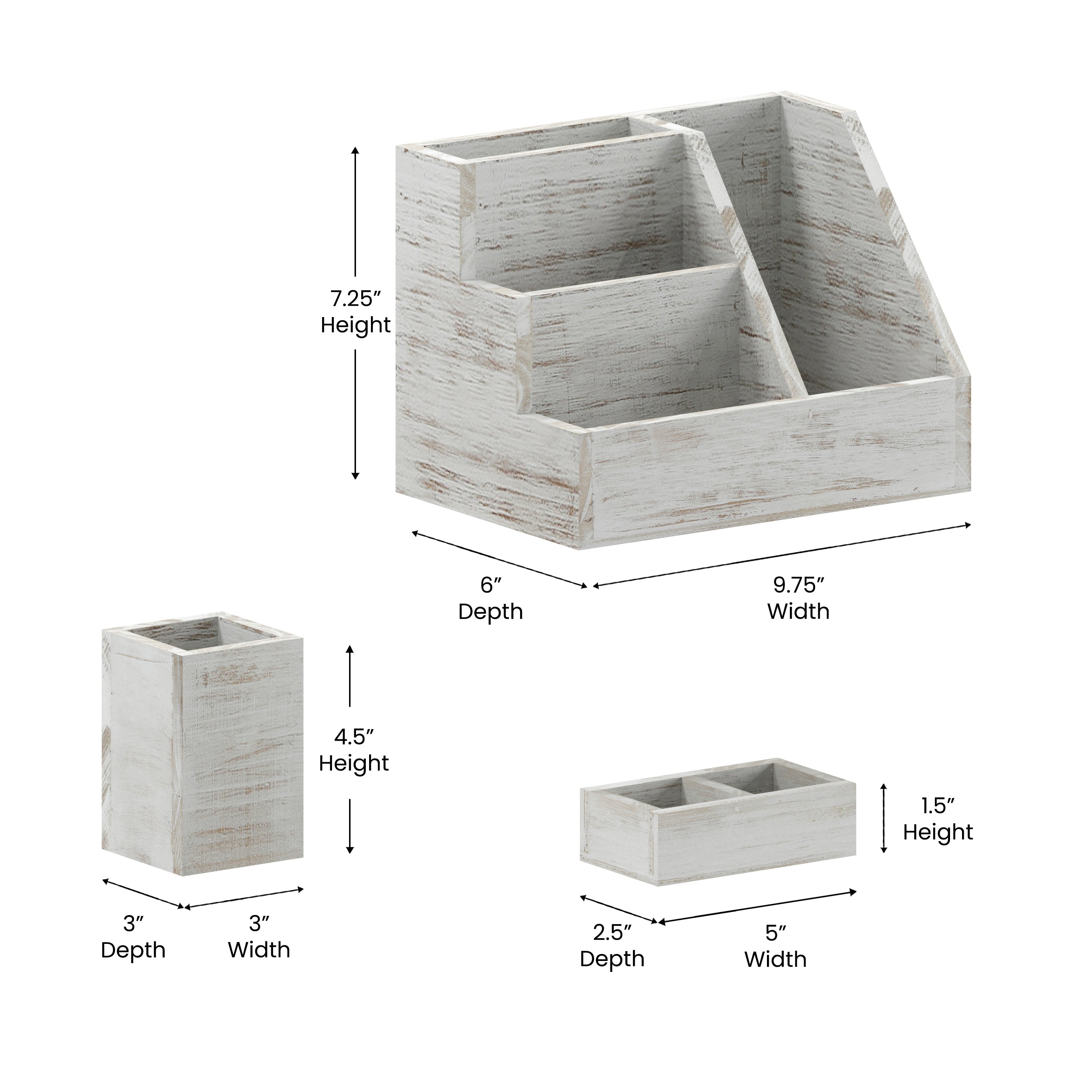 Comerford 3 Piece Wooden Organizer Set For Desktop, Table Top, or Vanity in Whitewashed