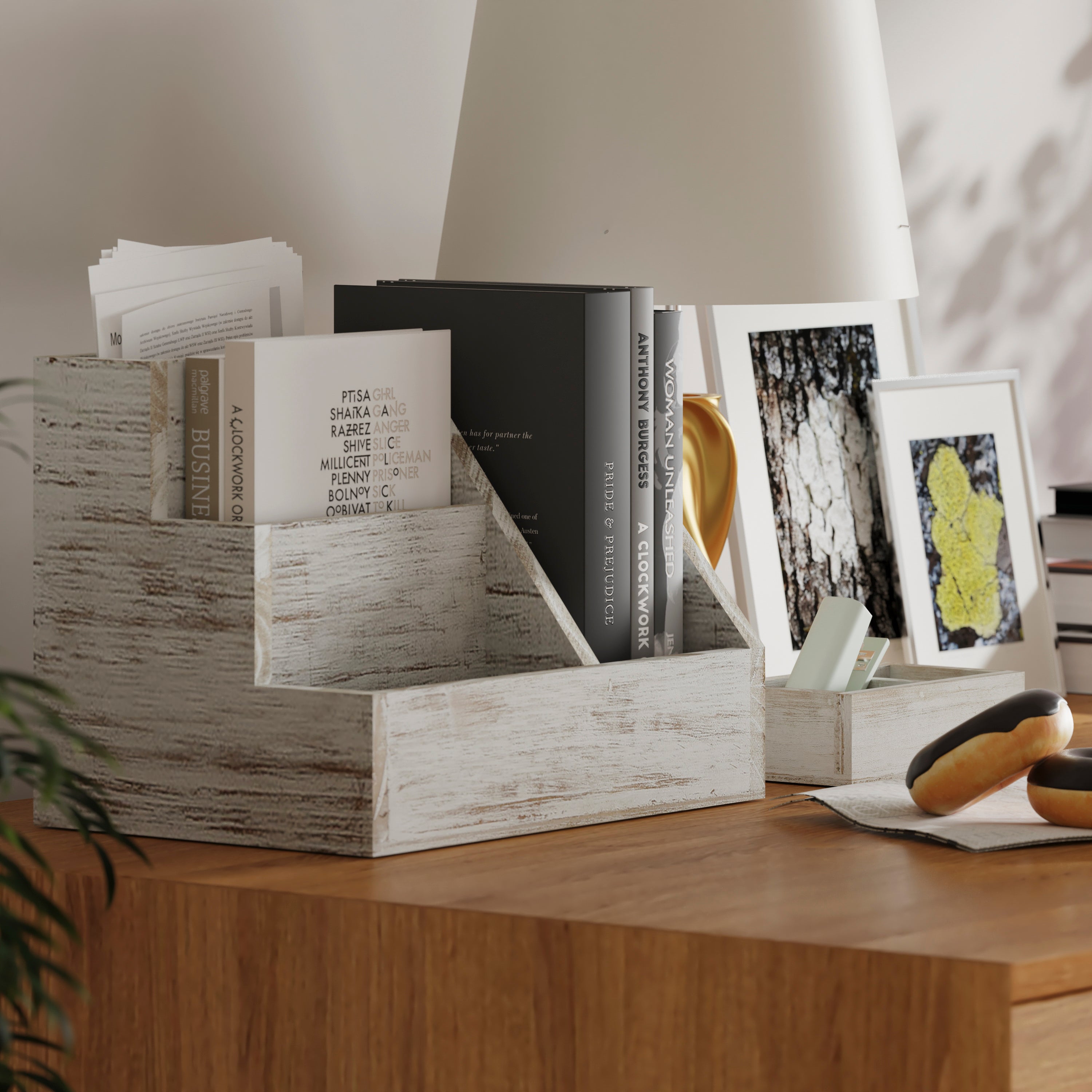 Comerford 3 Piece Wooden Organizer Set For Desktop, Table Top, or Vanity in Whitewashed