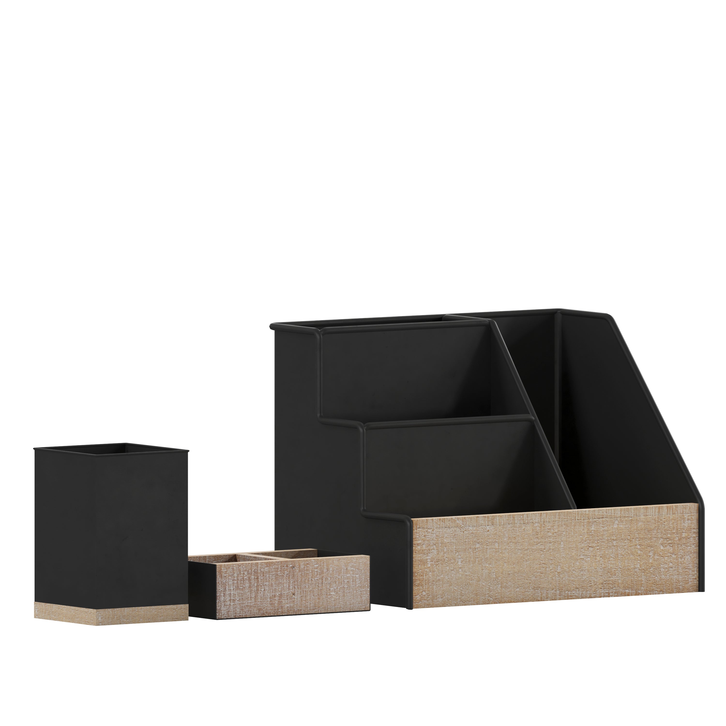 Comerford 3 Piece Black Finish Metal and Rustic Wood Organizer Set For Desktop, Countertop, or Vanity