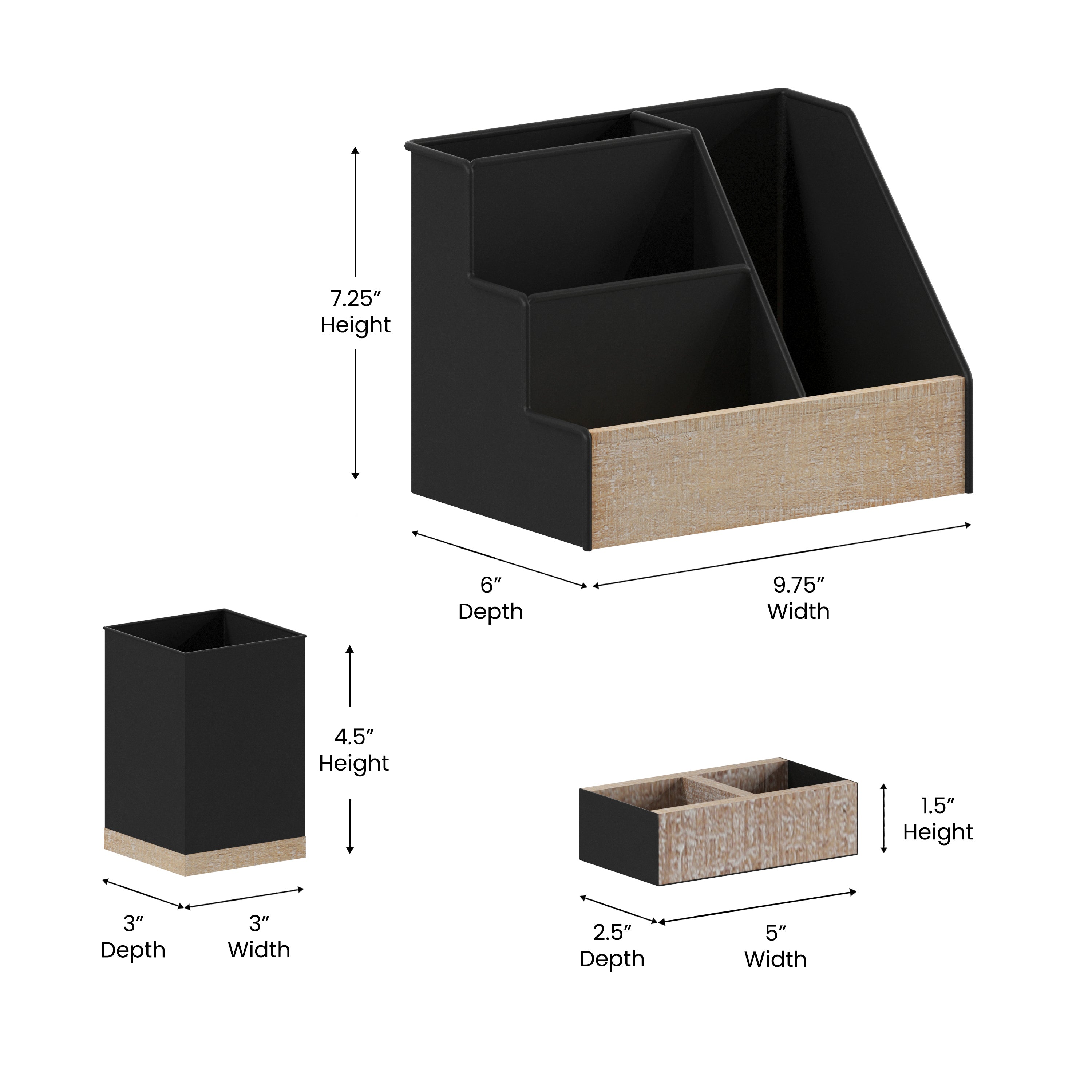 Comerford 3 Piece Black Finish Metal and Rustic Wood Organizer Set For Desktop, Countertop, or Vanity