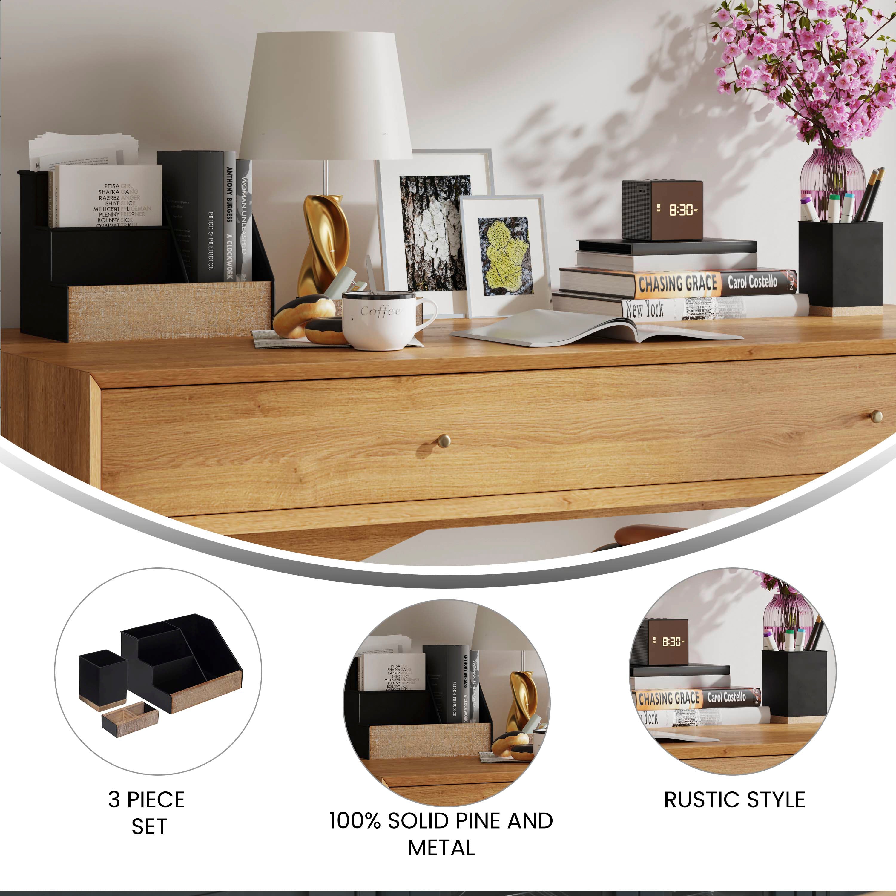 Comerford 3 Piece Black Finish Metal and Rustic Wood Organizer Set For Desktop, Countertop, or Vanity