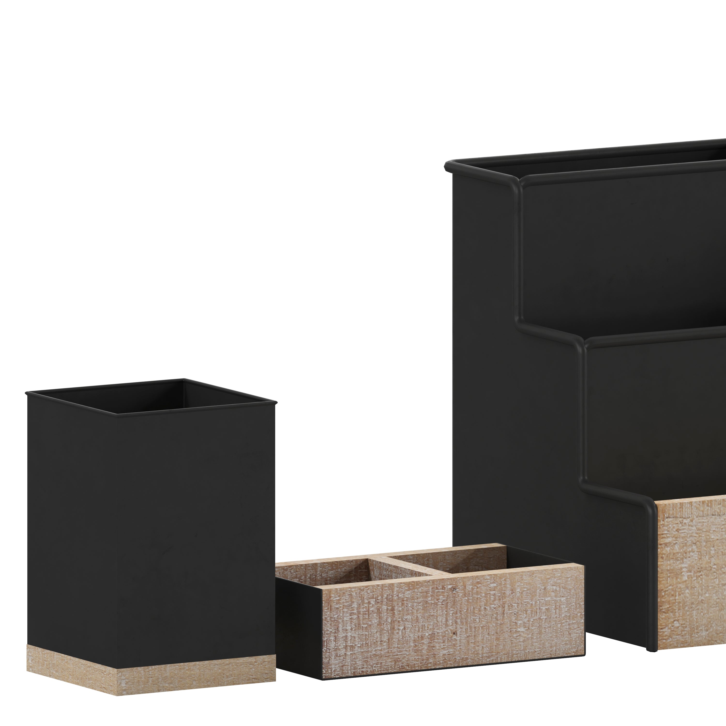 Comerford 3 Piece Black Finish Metal and Rustic Wood Organizer Set For Desktop, Countertop, or Vanity