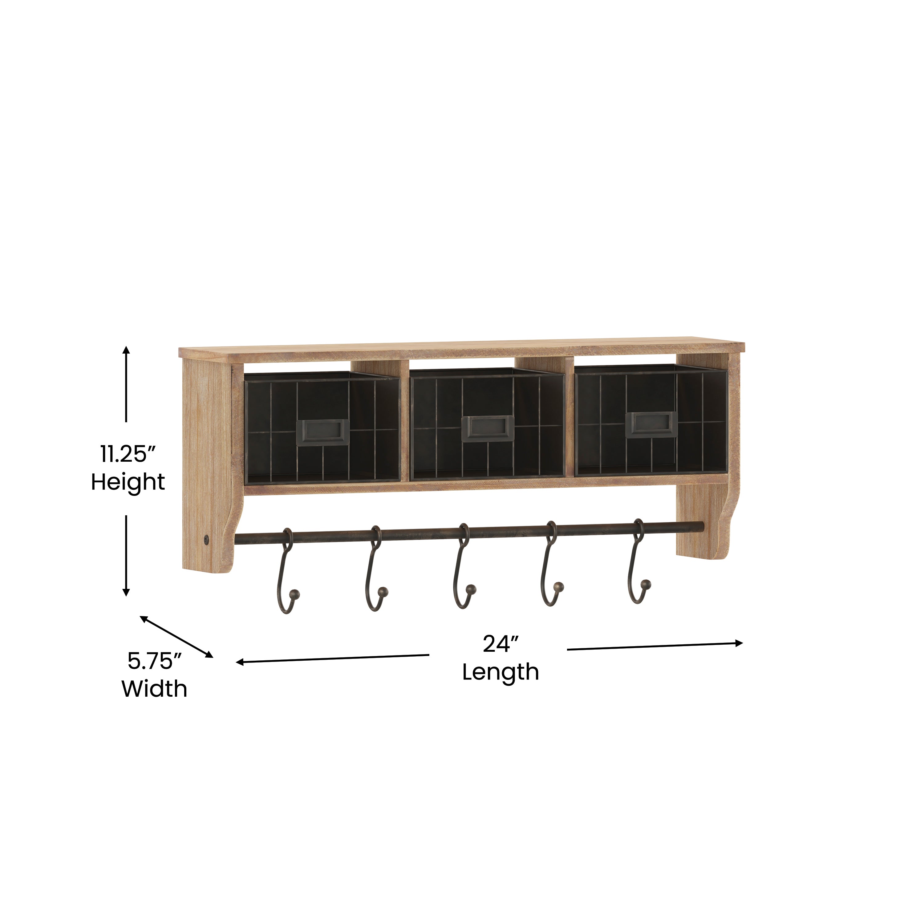 Daly Wall Mounted 24 Inch Solid Pine Wood Storage Rack with Upper Shelf, 5 Hooks, Wire Baskets For Entryway, Kitchen, Bathroom in Rustic Brown
