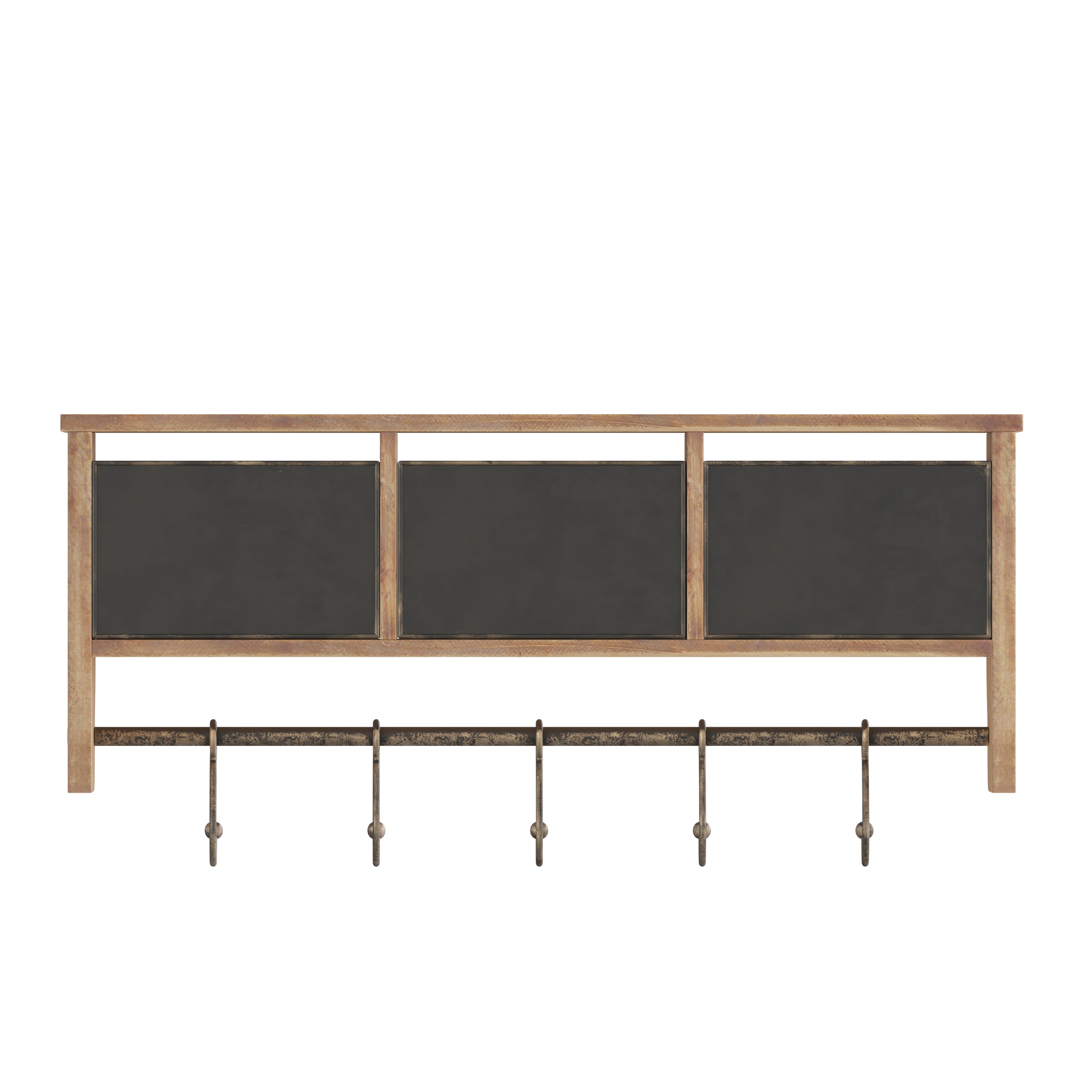 Daly Wall Mounted 24 Inch Solid Pine Wood Storage Rack with Upper Shelf, 5 Hooks, Wire Baskets For Entryway, Kitchen, Bathroom in Rustic Brown