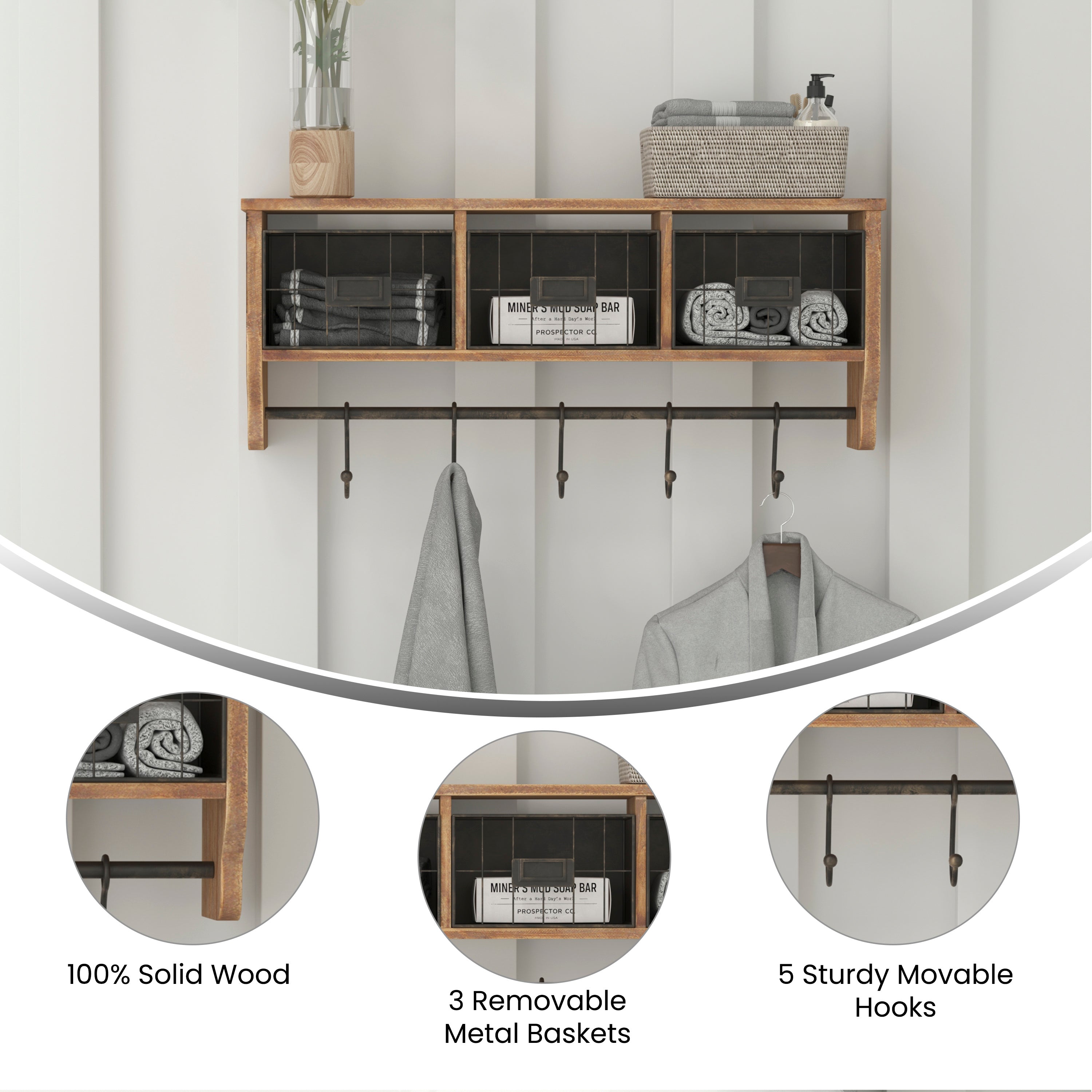 Daly Wall Mounted 24 Inch Solid Pine Wood Storage Rack with Upper Shelf, 5 Hooks, Wire Baskets For Entryway, Kitchen, Bathroom in Rustic Brown