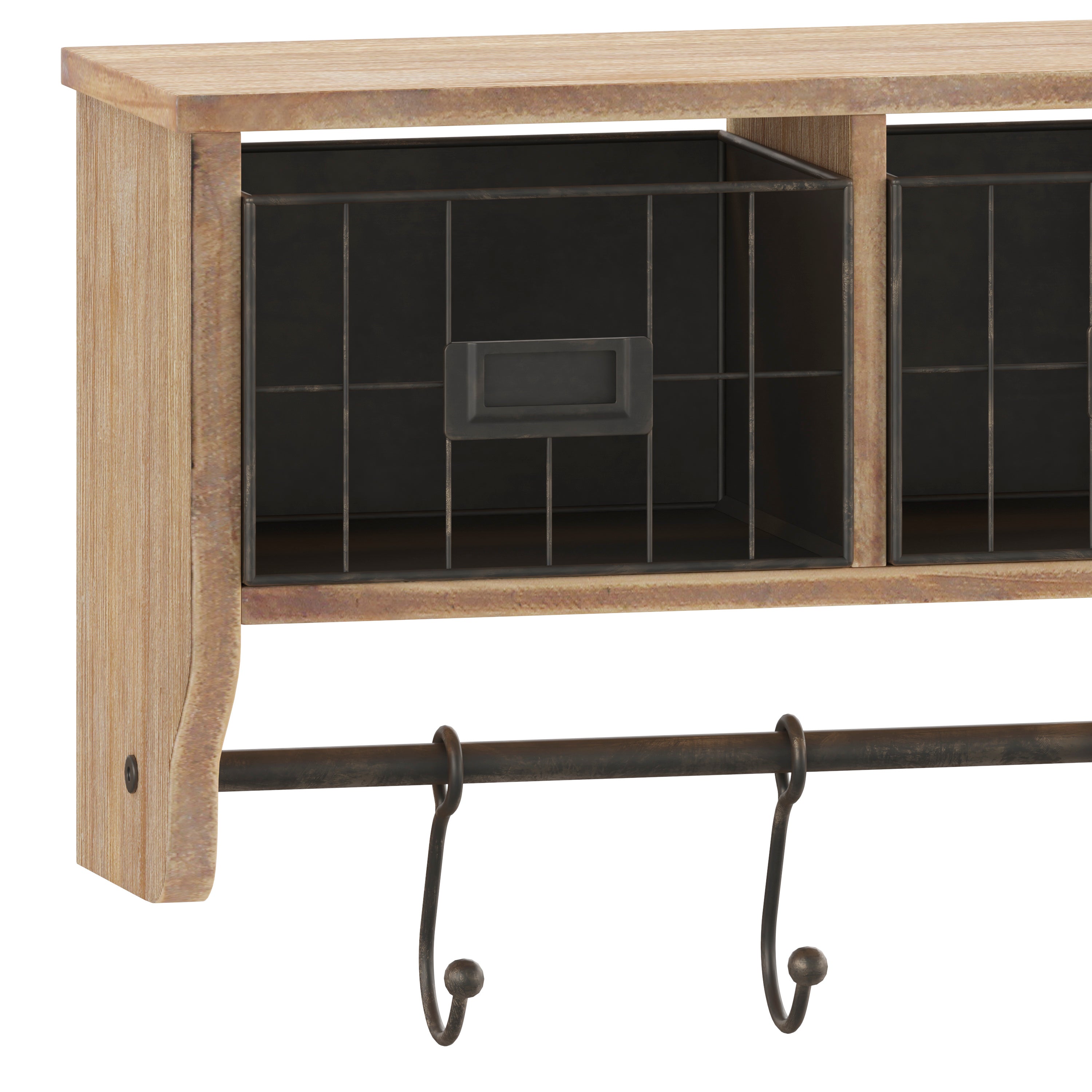 Daly Wall Mounted 24 Inch Solid Pine Wood Storage Rack with Upper Shelf, 5 Hooks, Wire Baskets For Entryway, Kitchen, Bathroom in Rustic Brown