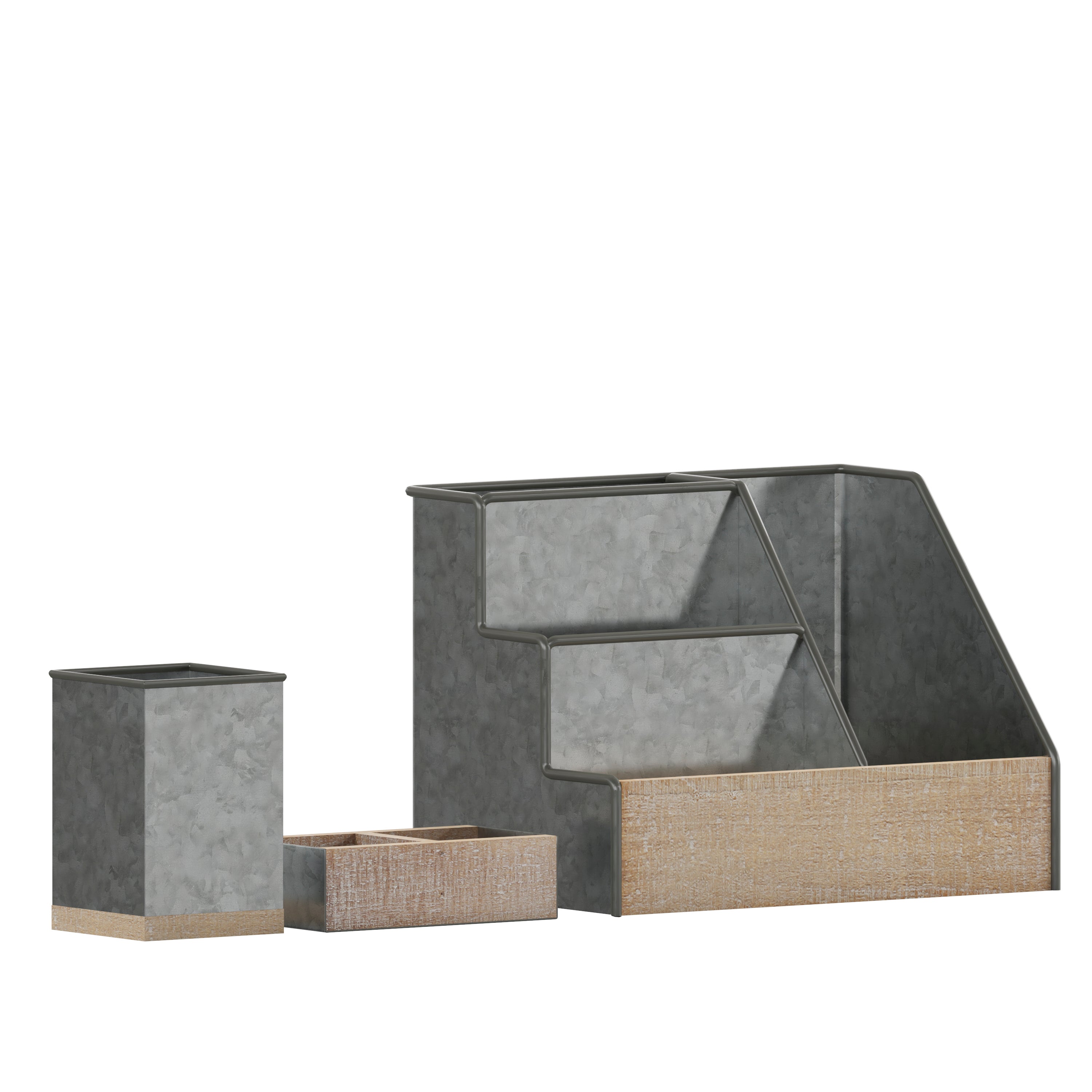 Comerford 3 Piece Galvanized Finish Metal and Rustic Wood Organizer Set For Desktop, Countertop, or Vanity