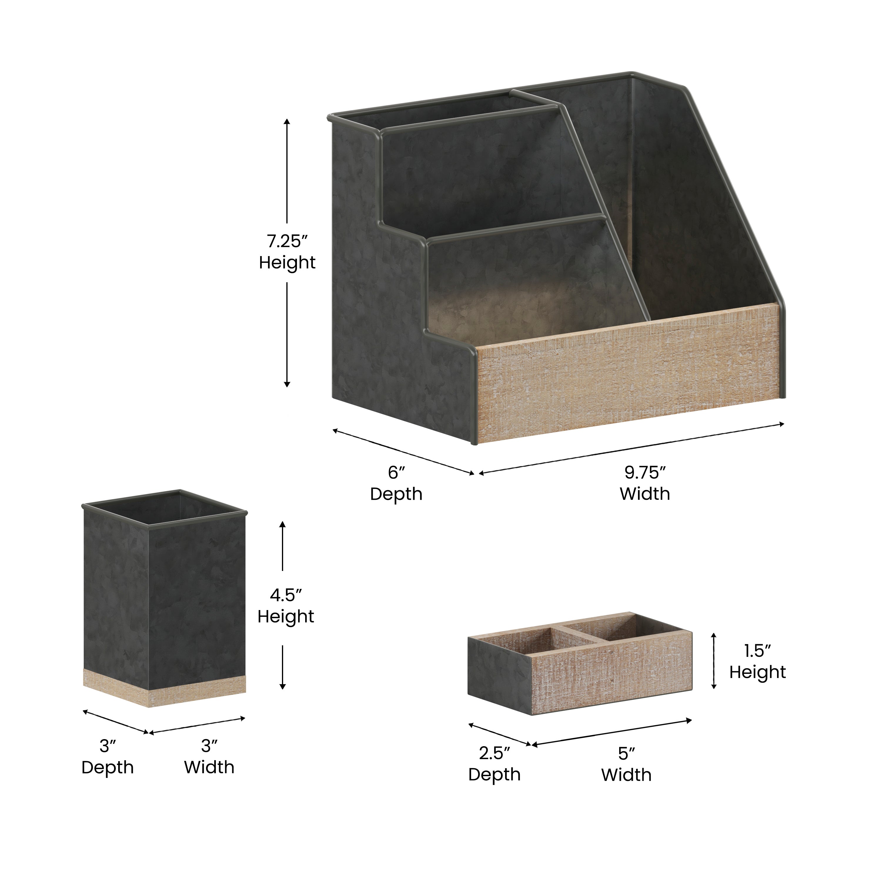 Comerford 3 Piece Galvanized Finish Metal and Rustic Wood Organizer Set For Desktop, Countertop, or Vanity