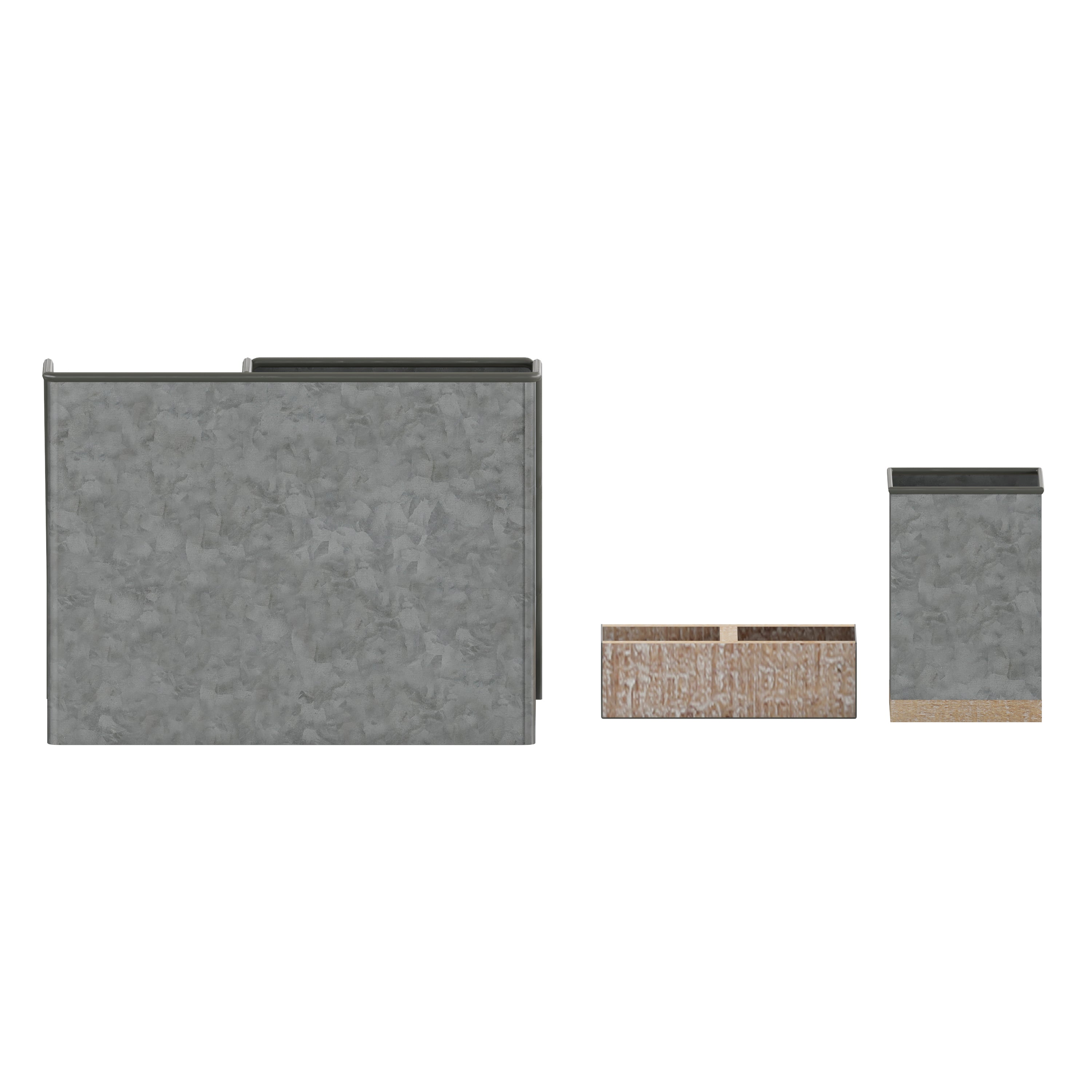 Comerford 3 Piece Galvanized Finish Metal and Rustic Wood Organizer Set For Desktop, Countertop, or Vanity