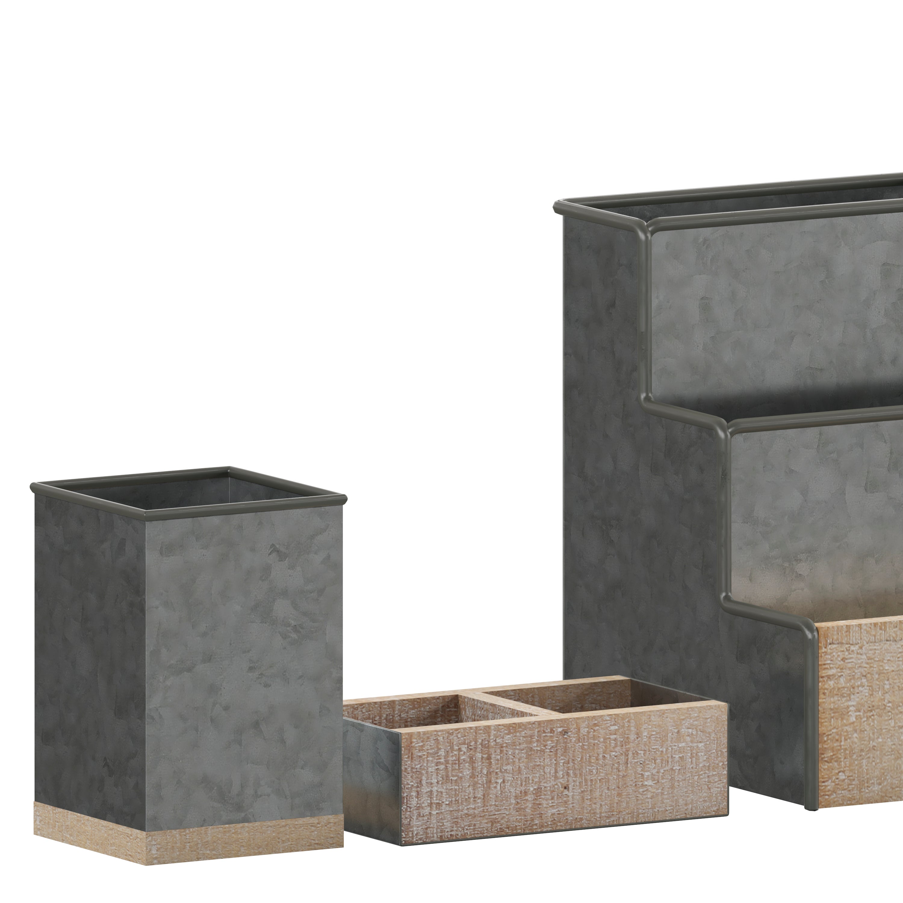 Comerford 3 Piece Galvanized Finish Metal and Rustic Wood Organizer Set For Desktop, Countertop, or Vanity